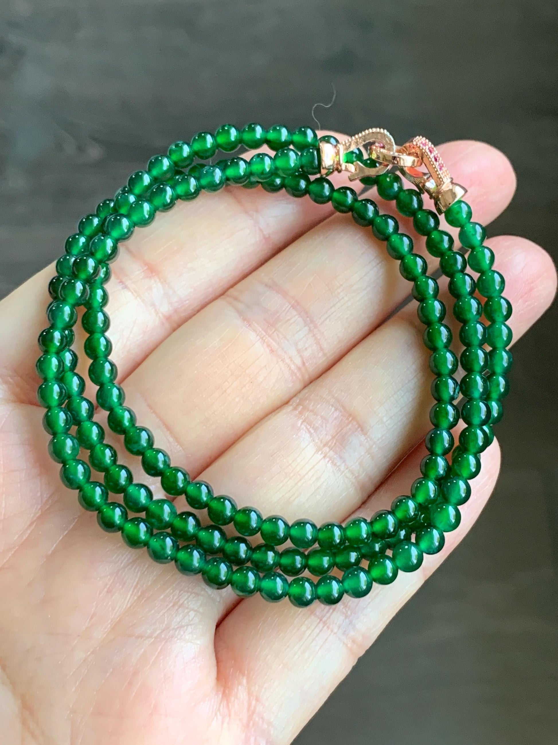 Certified Natural Guatemalan Icy Translucent Rich Green Jadeite Petite Round Beads Beaded Necklace 3.9mm 20.5" 14.27g 天然老种冰危绿翡翠小圆珠项链 7845