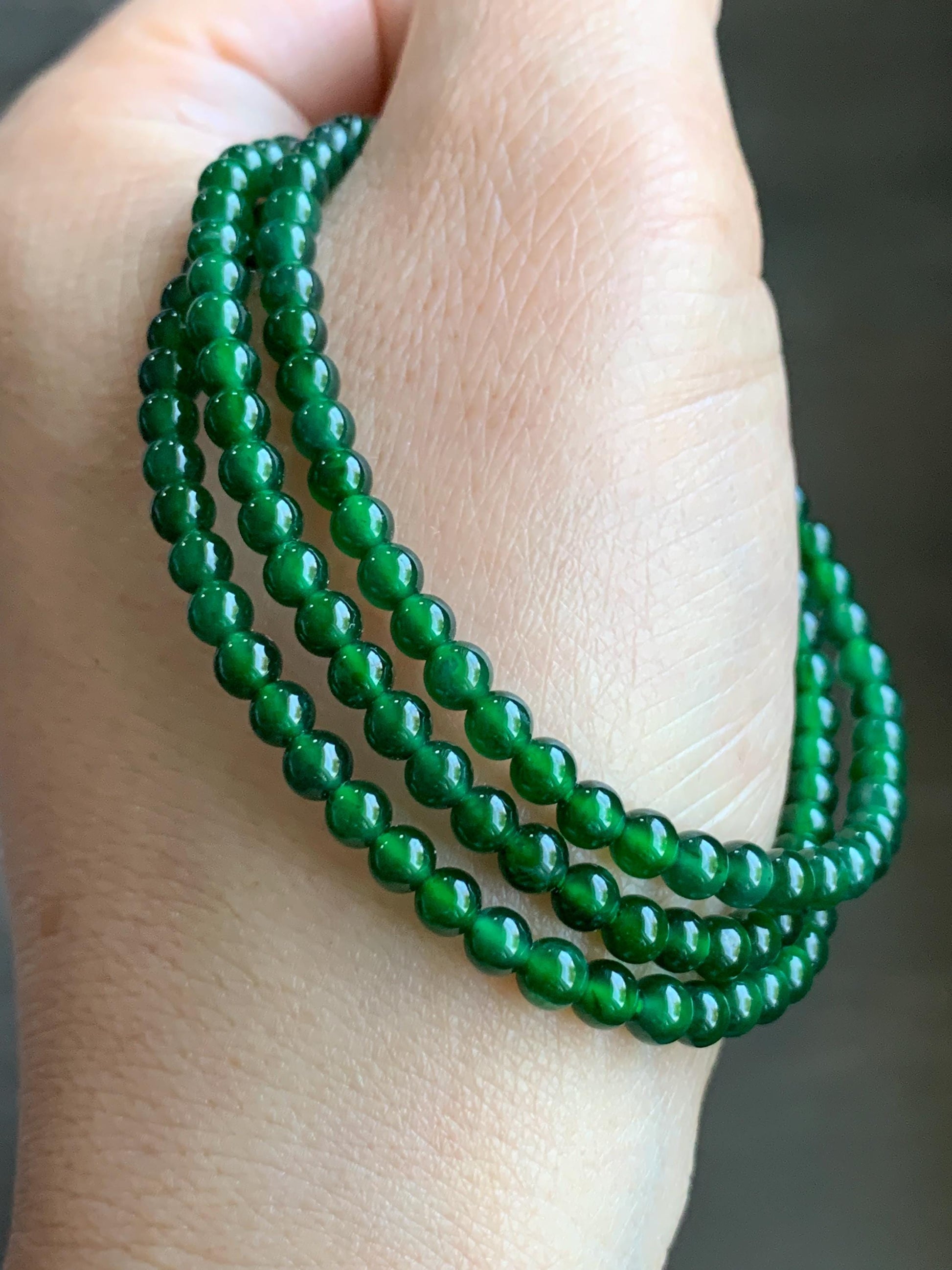 Certified Natural Guatemalan Icy Translucent Rich Green Jadeite Petite Round Beads Beaded Necklace 3.9mm 20.5" 14.27g 天然老种冰危绿翡翠小圆珠项链 7845
