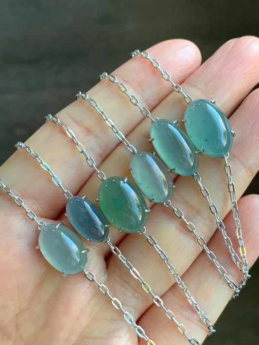 Natural Guatemalan Icy Highly Translucent Teal Blue Green Jadeite Solitaire Link Chain Bracelet Sterling Silver 7” Adjustable 天然冰危起光翡翠蛋面银镶手链