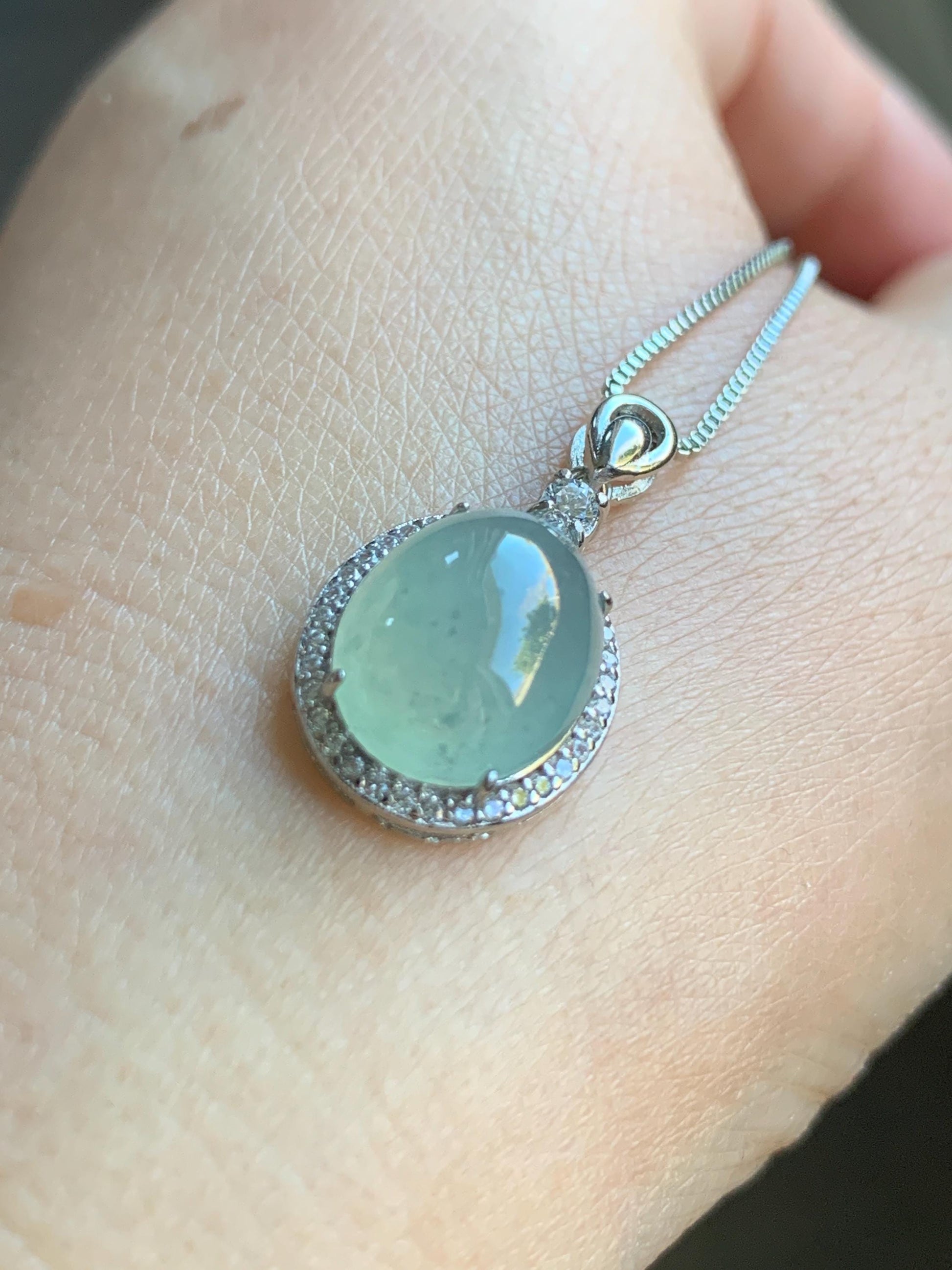 Natural Burmese Icy Highly Translucent Light Green Jadeite Oval Cabochon Pendant Sterling Silver 天然缅甸冰晴起光翡翠镶嵌吊坠