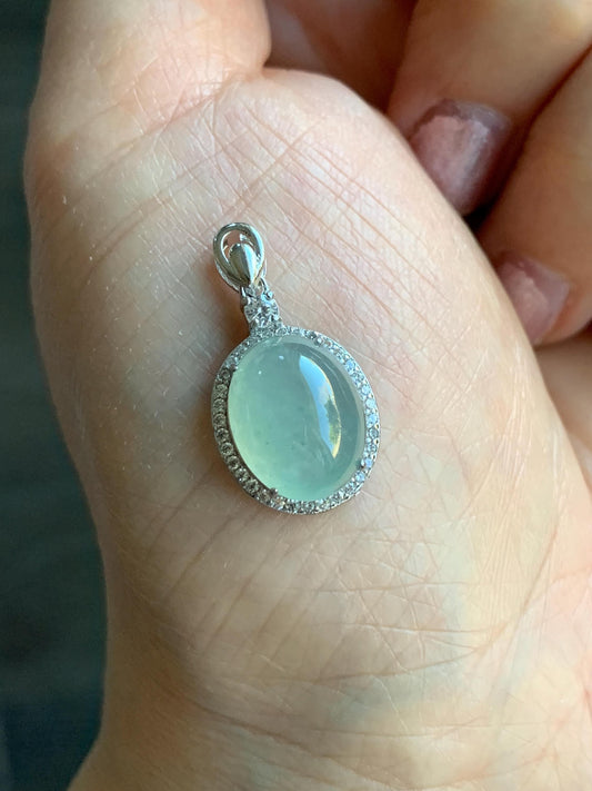 Natural Burmese Icy Highly Translucent Light Green Jadeite Oval Cabochon Pendant Sterling Silver 天然缅甸冰晴起光翡翠镶嵌吊坠