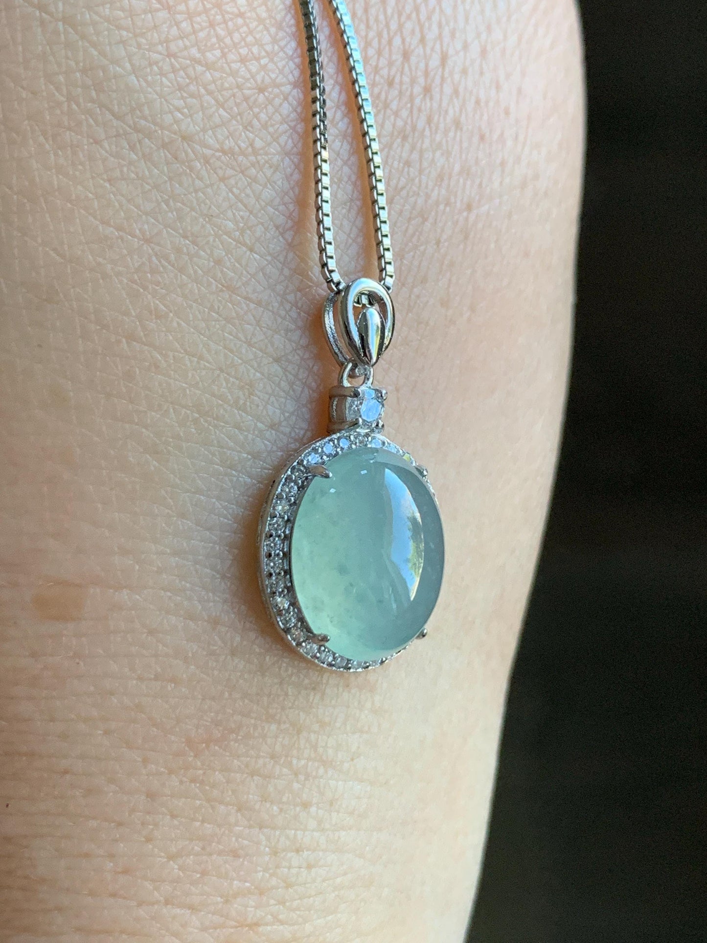 Natural Burmese Icy Highly Translucent Light Green Jadeite Oval Cabochon Pendant Sterling Silver 天然缅甸冰晴起光翡翠镶嵌吊坠