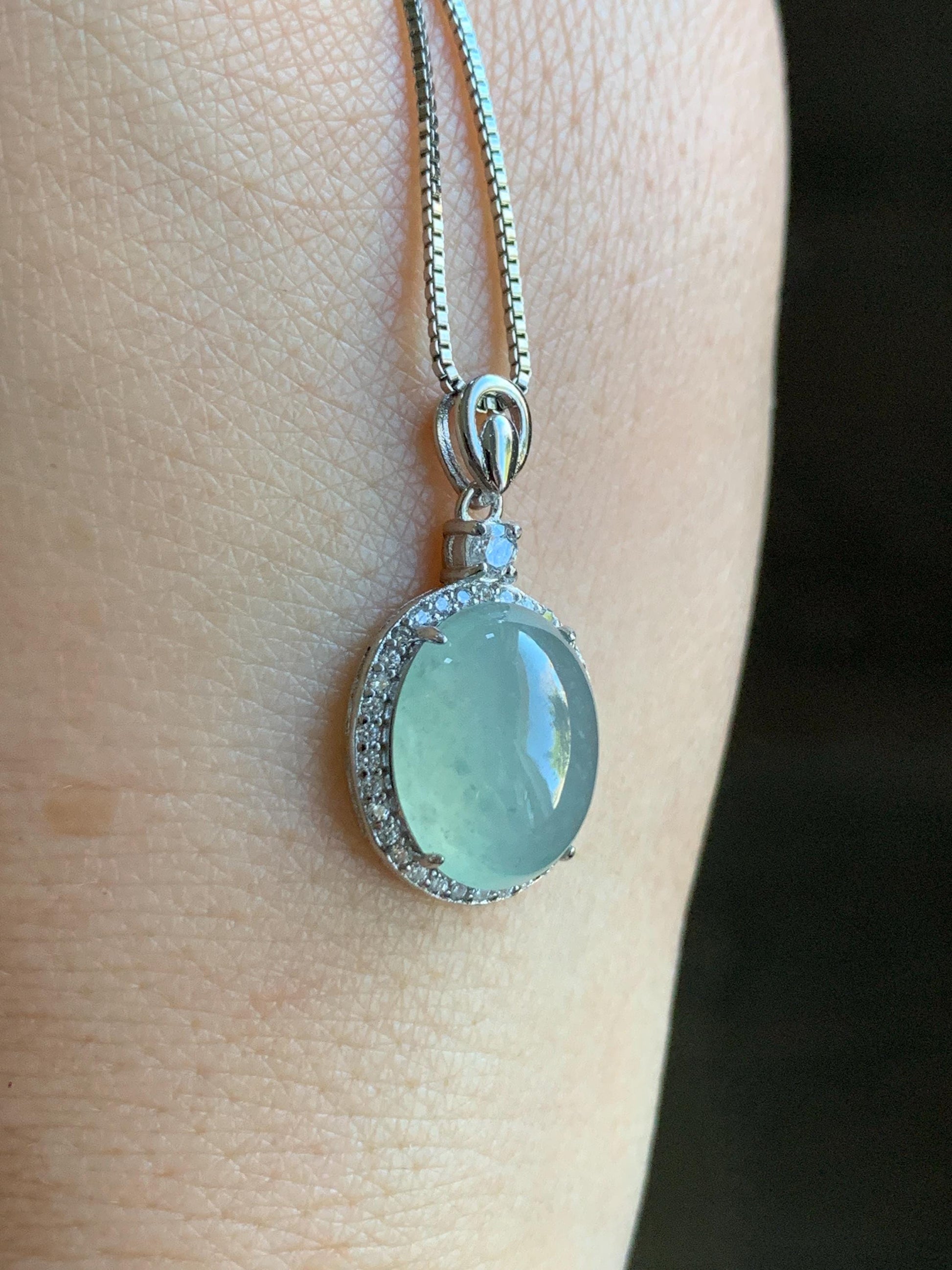 Natural Burmese Icy Highly Translucent Light Green Jadeite Oval Cabochon Pendant Sterling Silver 天然缅甸冰晴起光翡翠镶嵌吊坠