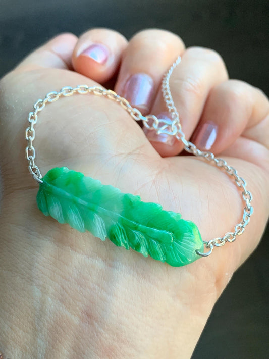 Natural Burmese Translucent Vibrant Green Marbled Jadeite Carved Feather Chain Bracelet 999 Sterling Silver 6.75”-7.75” 5g 天然缅甸辣绿飘花翡翠羽毛足银手链