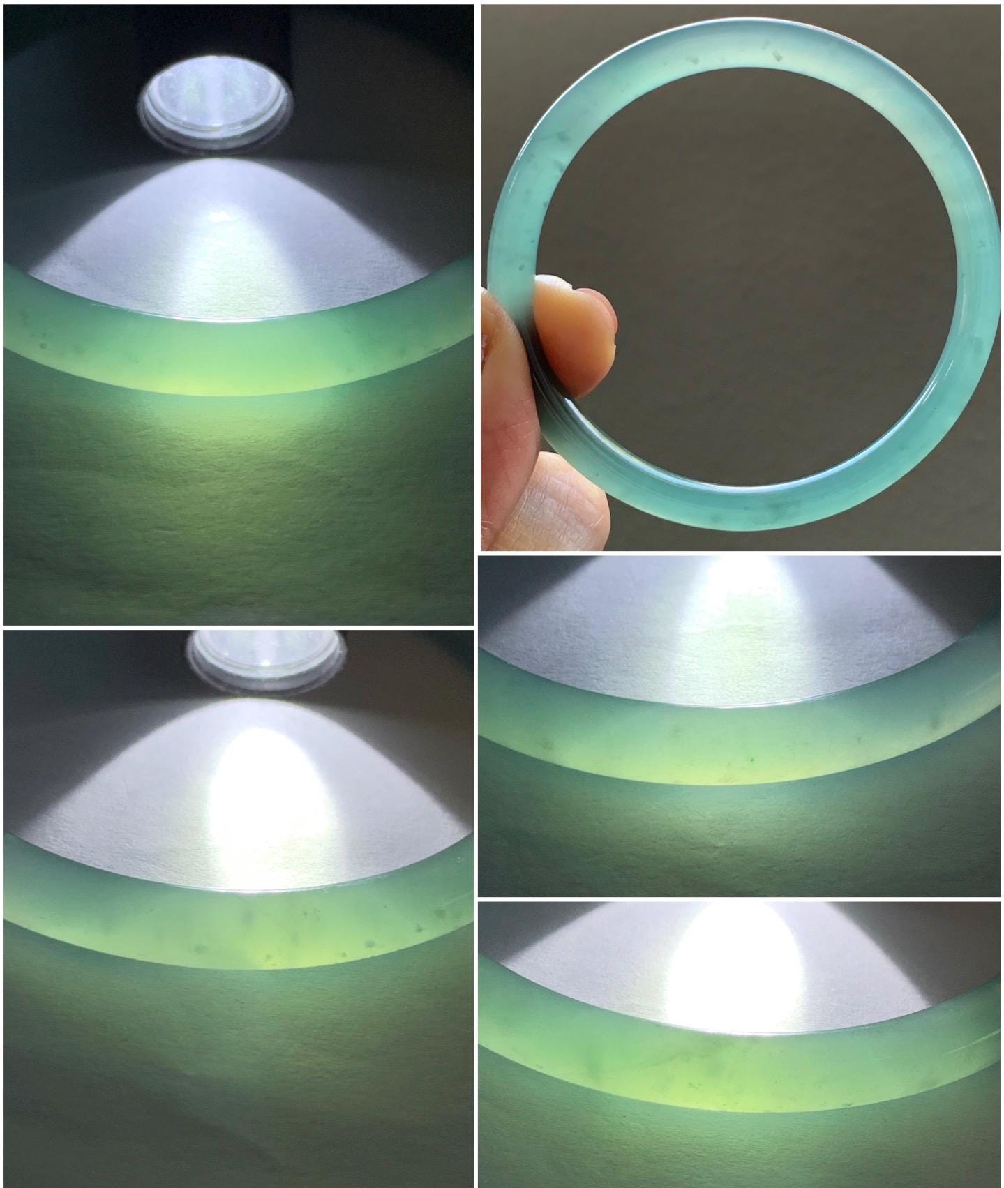 Certified Natural Guatemalan Icy Highly Translucent Light Teal Green Jadeite Slim Bangle Bracelet 58.1mm 6.6x4.8mm 17g 天然老种冰胶危晴蓝翡翠细条手镯 6959