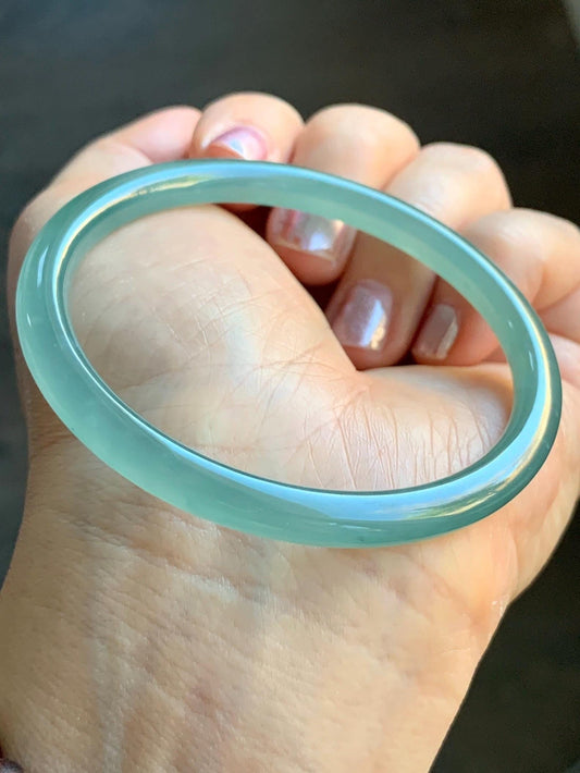 Certified Natural Guatemalan Icy Highly Translucent Light Teal Green Jadeite Slim Bangle Bracelet 58.1mm 6.6x4.8mm 17g 天然老种冰胶危晴蓝翡翠细条手镯 6959