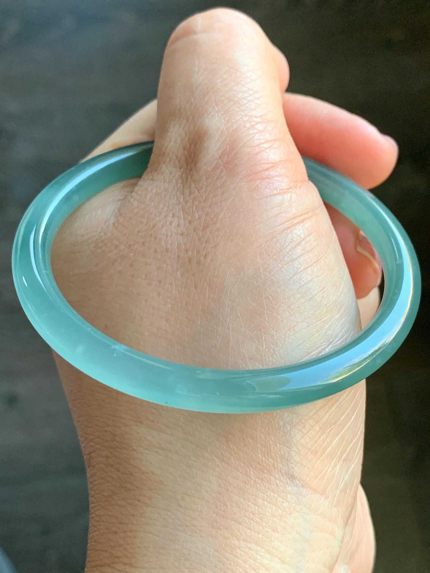 Certified Natural Guatemalan Icy Highly Translucent Light Teal Green Jadeite Slim Bangle Bracelet 58.1mm 6.6x4.8mm 17g 天然老种冰胶危晴蓝翡翠细条手镯 6959