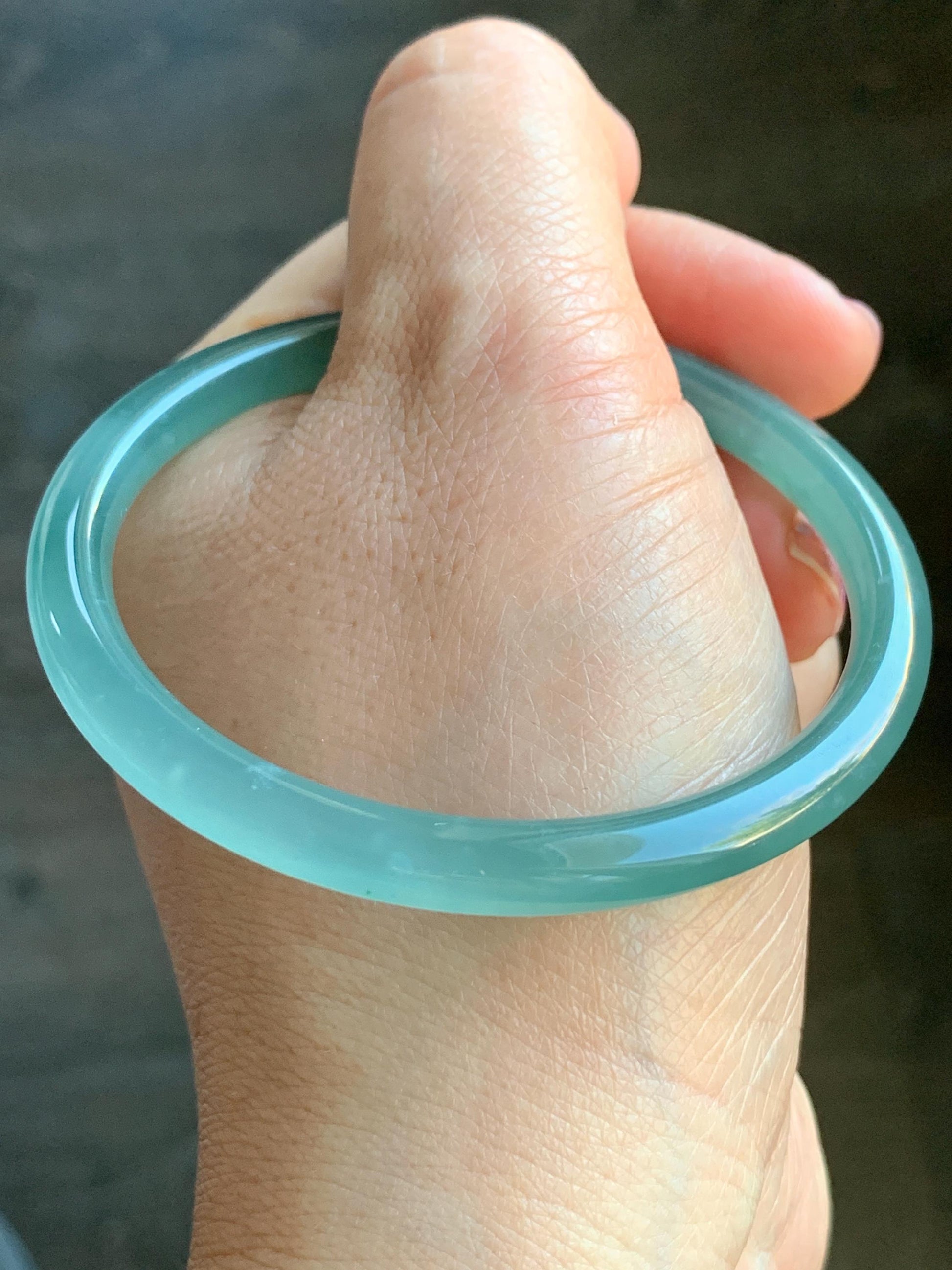 Certified Natural Guatemalan Icy Highly Translucent Light Teal Green Jadeite Slim Bangle Bracelet 58.1mm 6.6x4.8mm 17g 天然老种冰胶危晴蓝翡翠细条手镯 6959