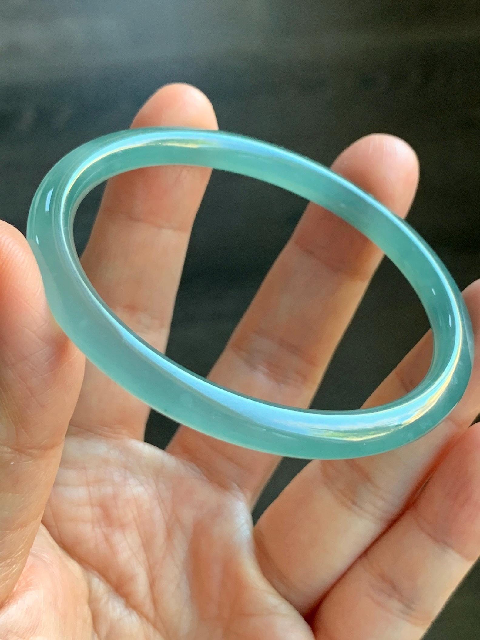Certified Natural Guatemalan Icy Highly Translucent Light Teal Green Jadeite Slim Bangle Bracelet 58.1mm 6.6x4.8mm 17g 天然老种冰胶危晴蓝翡翠细条手镯 6959