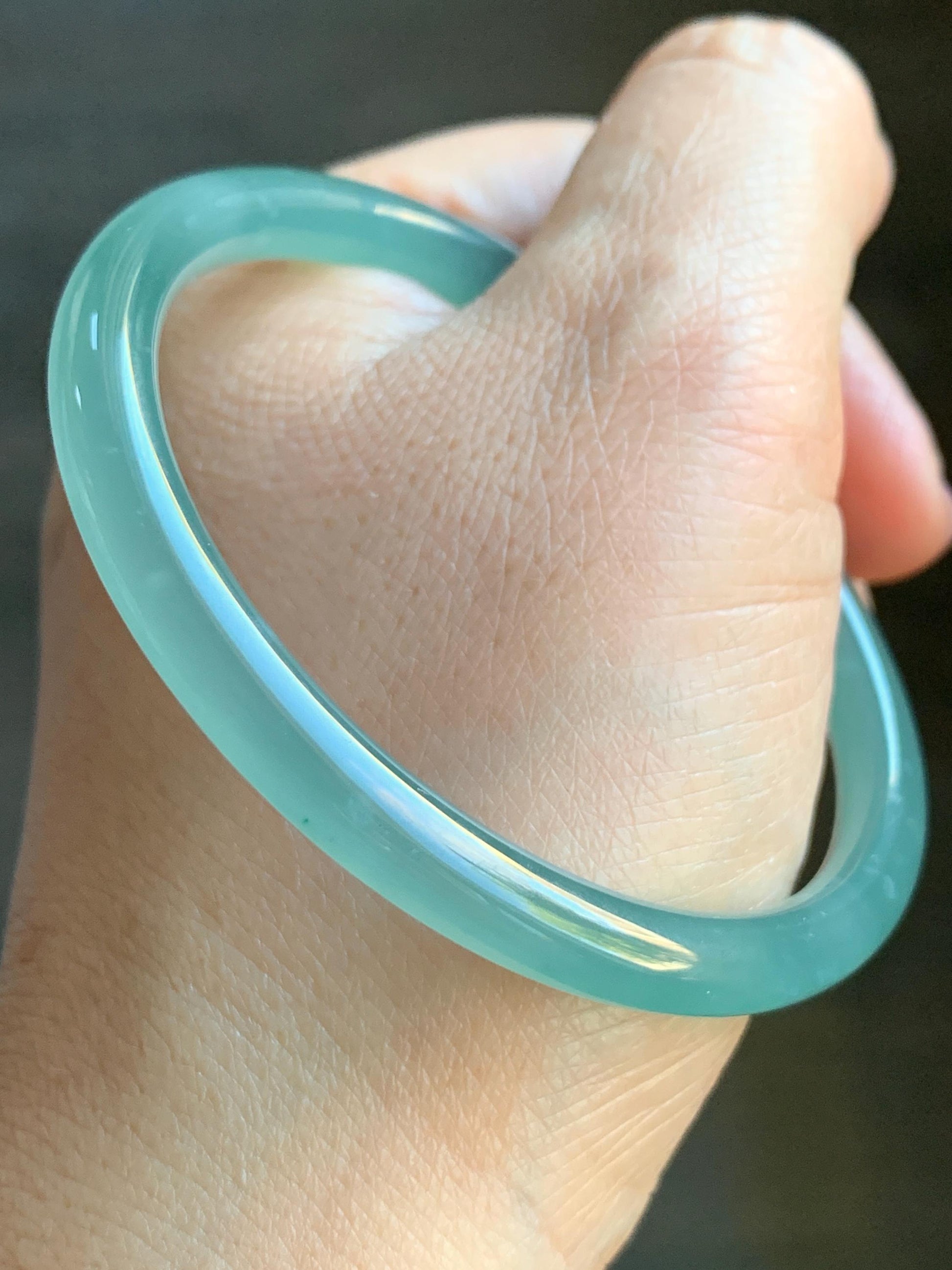 Certified Natural Guatemalan Icy Highly Translucent Light Teal Green Jadeite Slim Bangle Bracelet 58.1mm 6.6x4.8mm 17g 天然老种冰胶危晴蓝翡翠细条手镯 6959