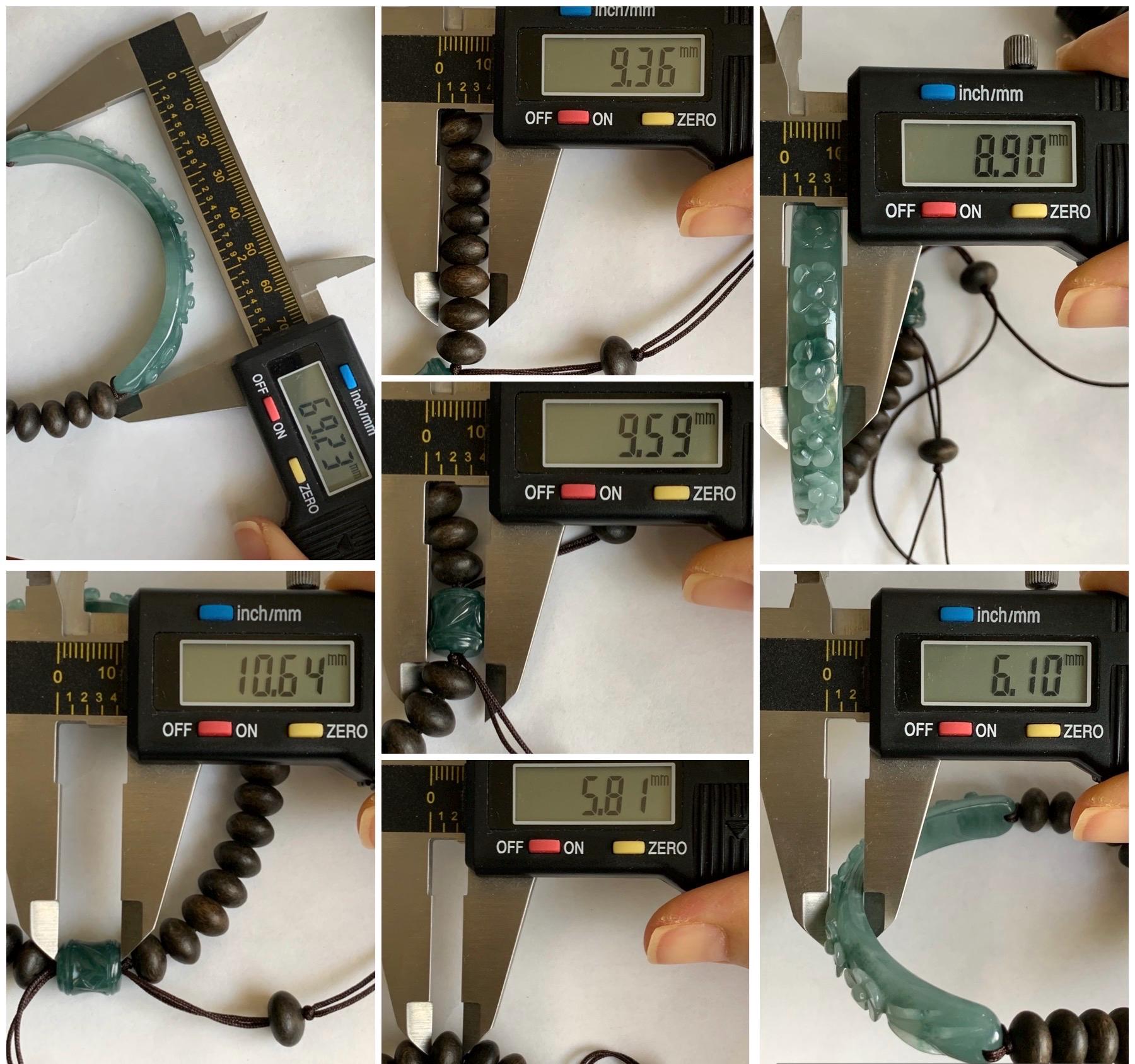 Natural Guatemalan Icy Translucent Teal Blue Jadeite Carved Cherry Blossom Cuff Agarwood Beaded Bracelet 60mm 7.25" 22g 天然冰危蓝飘绿翡翠梅花枝手牌沉香珠手串