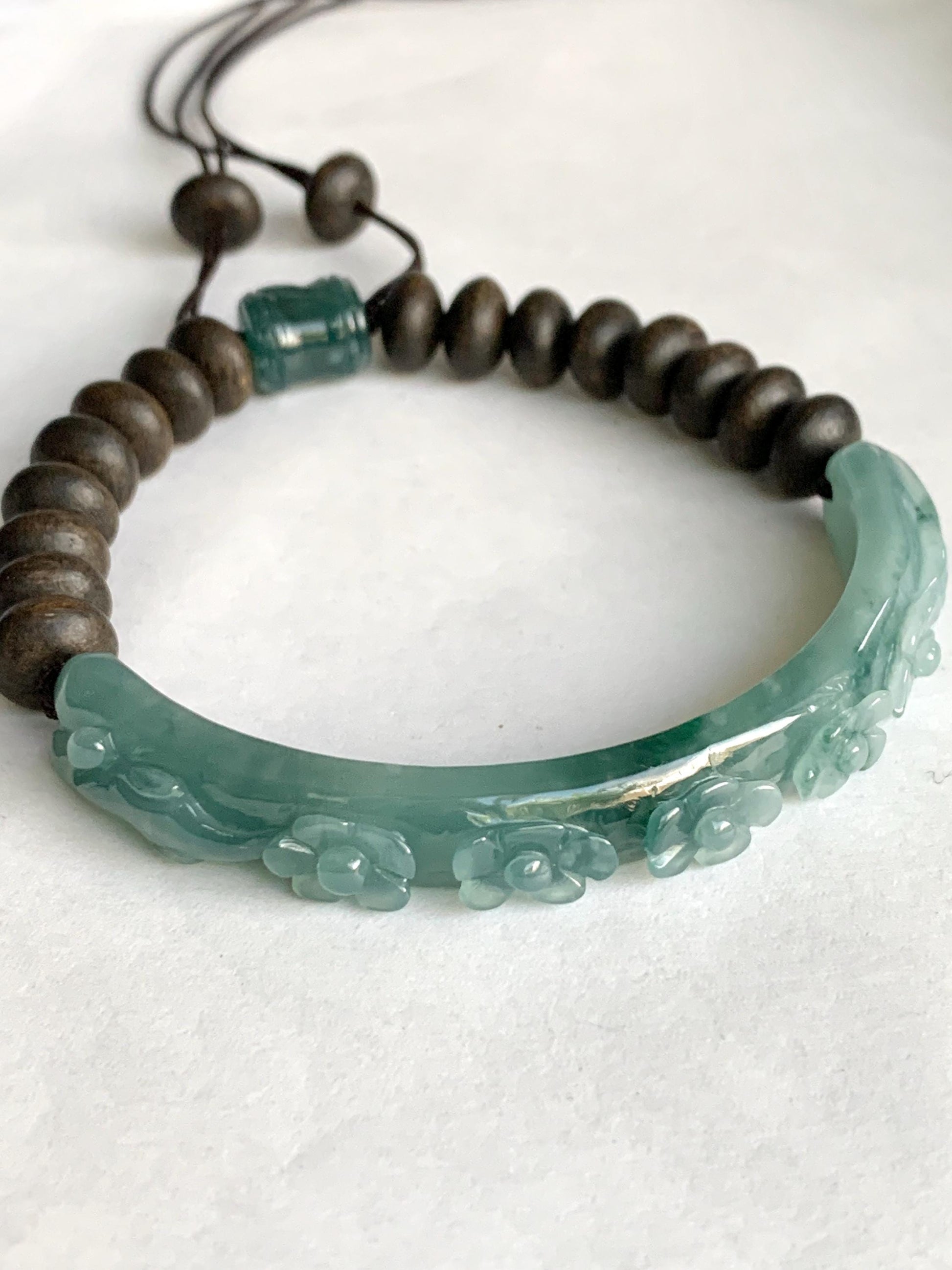 Natural Guatemalan Icy Translucent Teal Blue Jadeite Carved Cherry Blossom Cuff Agarwood Beaded Bracelet 60mm 7.25" 22g 天然冰危蓝飘绿翡翠梅花枝手牌沉香珠手串