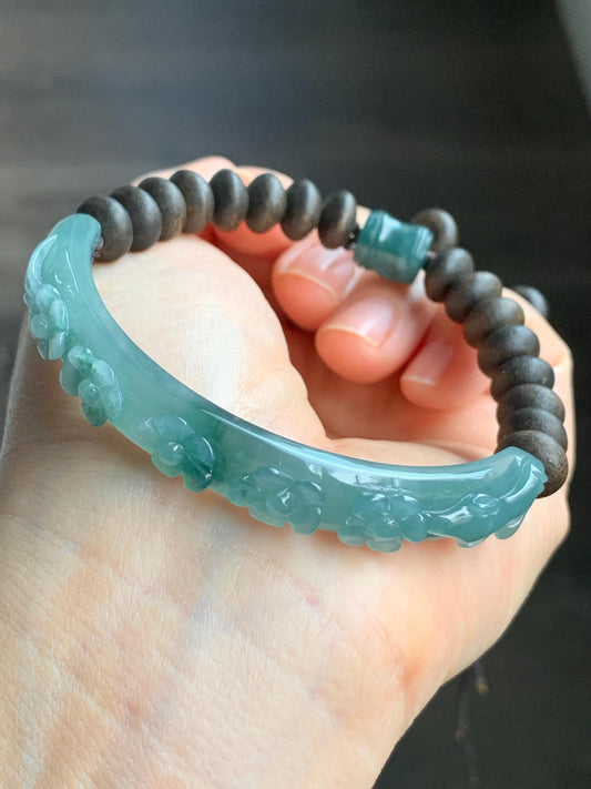 Natural Guatemalan Icy Translucent Teal Blue Jadeite Carved Cherry Blossom Cuff Agarwood Beaded Bracelet 60mm 7.25" 22g 天然冰危蓝飘绿翡翠梅花枝手牌沉香珠手串
