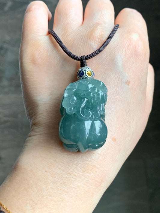 Certified Natural Guatemalan Icy Translucent Gelatinous Dark Teal Blue Jadeite Large Pixiu Pendant Rope Necklace 30" 天然冰危蓝水翡翠貔貅含珠吊坠挂件 7841