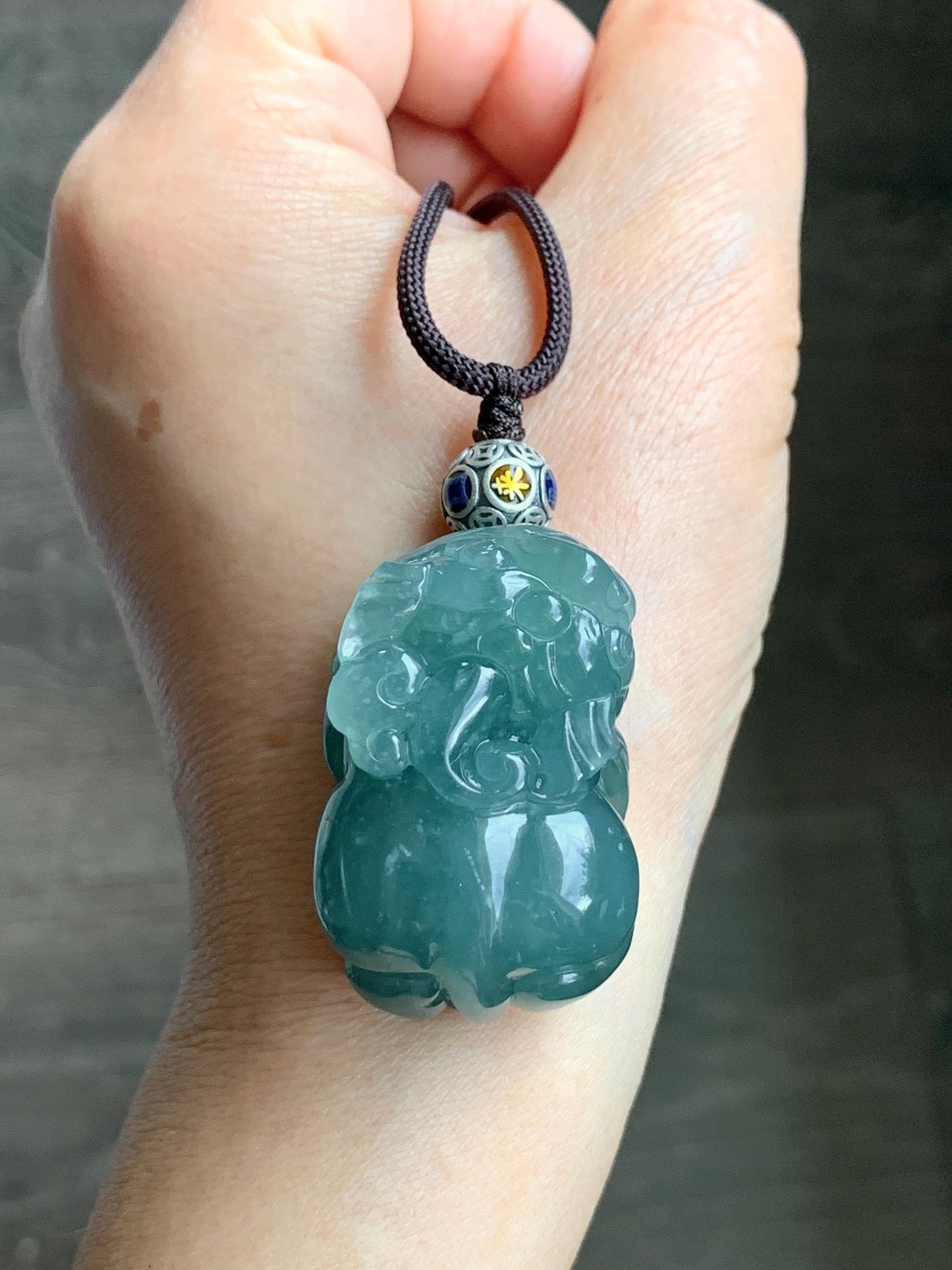 Certified Natural Guatemalan Icy Translucent Gelatinous Dark Teal Blue Jadeite Large Pixiu Pendant Rope Necklace 30" 天然冰危蓝水翡翠貔貅含珠吊坠挂件 7841