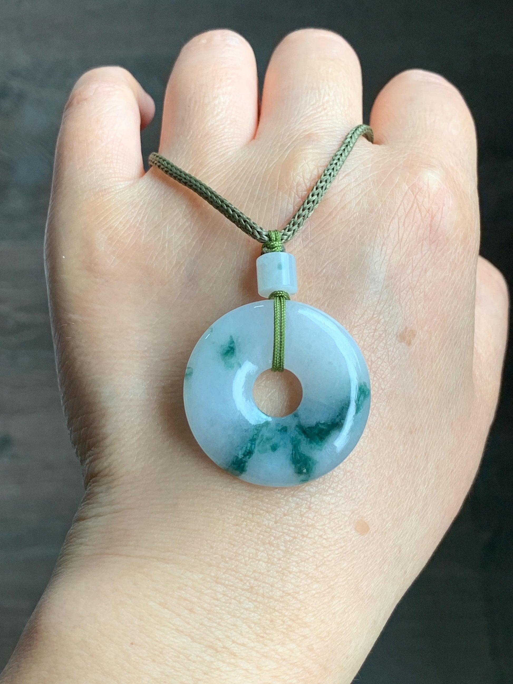 Natural Burmese Icy Translucent White & Dark Green Marbled Jadeite Ping An Kou Donut Pendant Rope Necklace 26” 天然缅甸冰飘花翡翠平安扣吊坠
