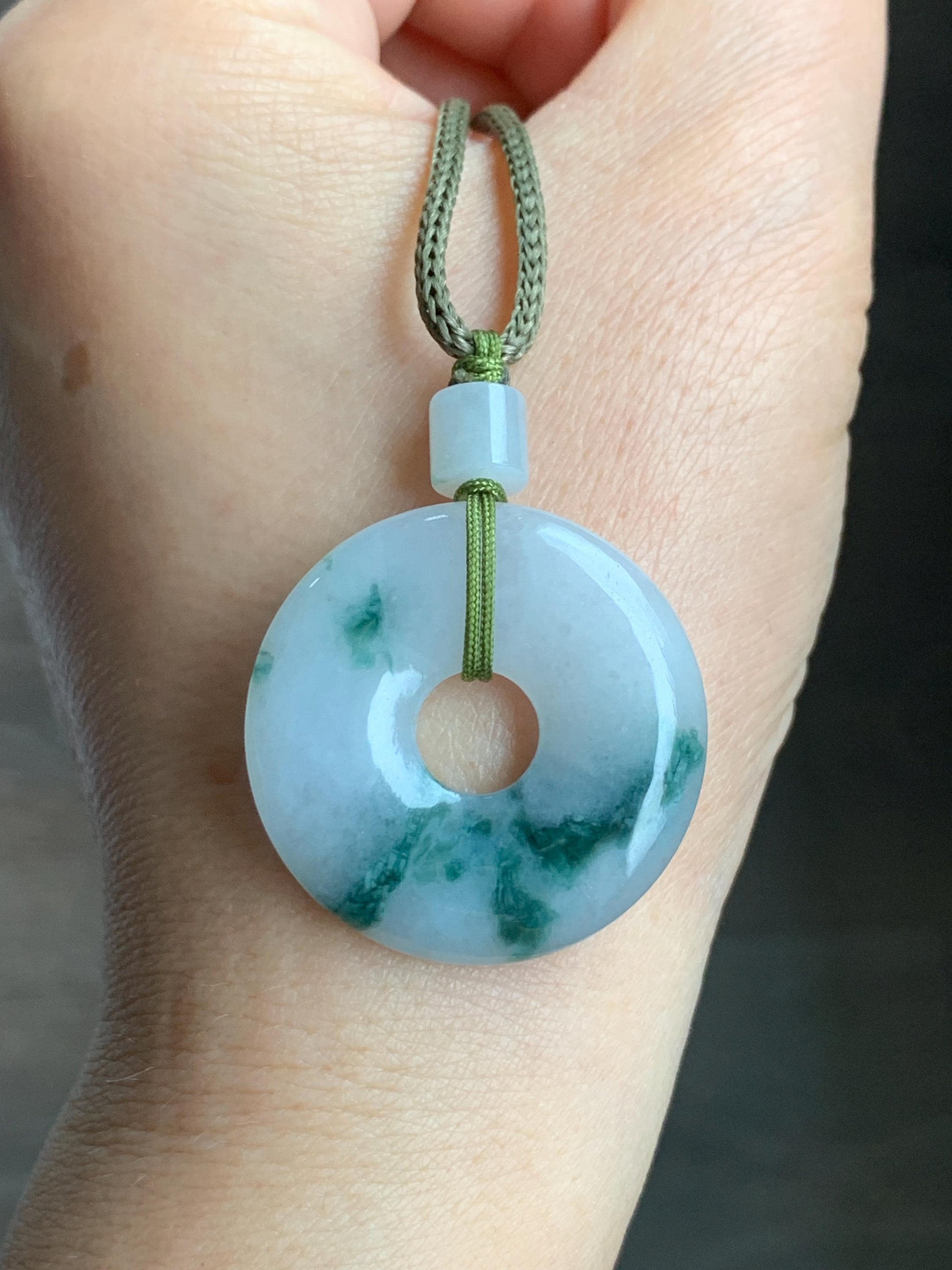 Natural Burmese Icy Translucent White & Dark Green Marbled Jadeite Ping An Kou Donut Pendant Rope Necklace 26” 天然缅甸冰飘花翡翠平安扣吊坠