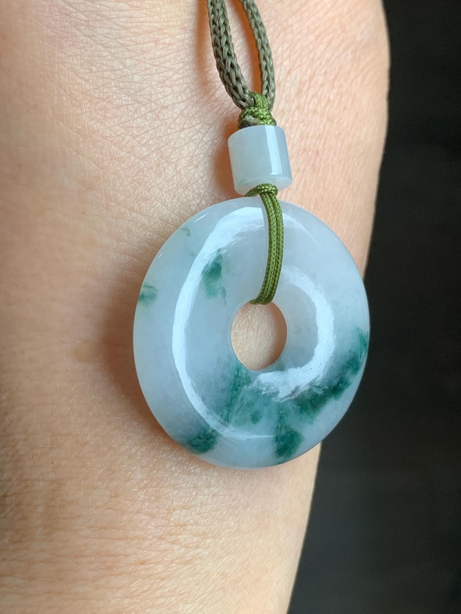 Natural Burmese Icy Translucent White & Dark Green Marbled Jadeite Ping An Kou Donut Pendant Rope Necklace 26” 天然缅甸冰飘花翡翠平安扣吊坠