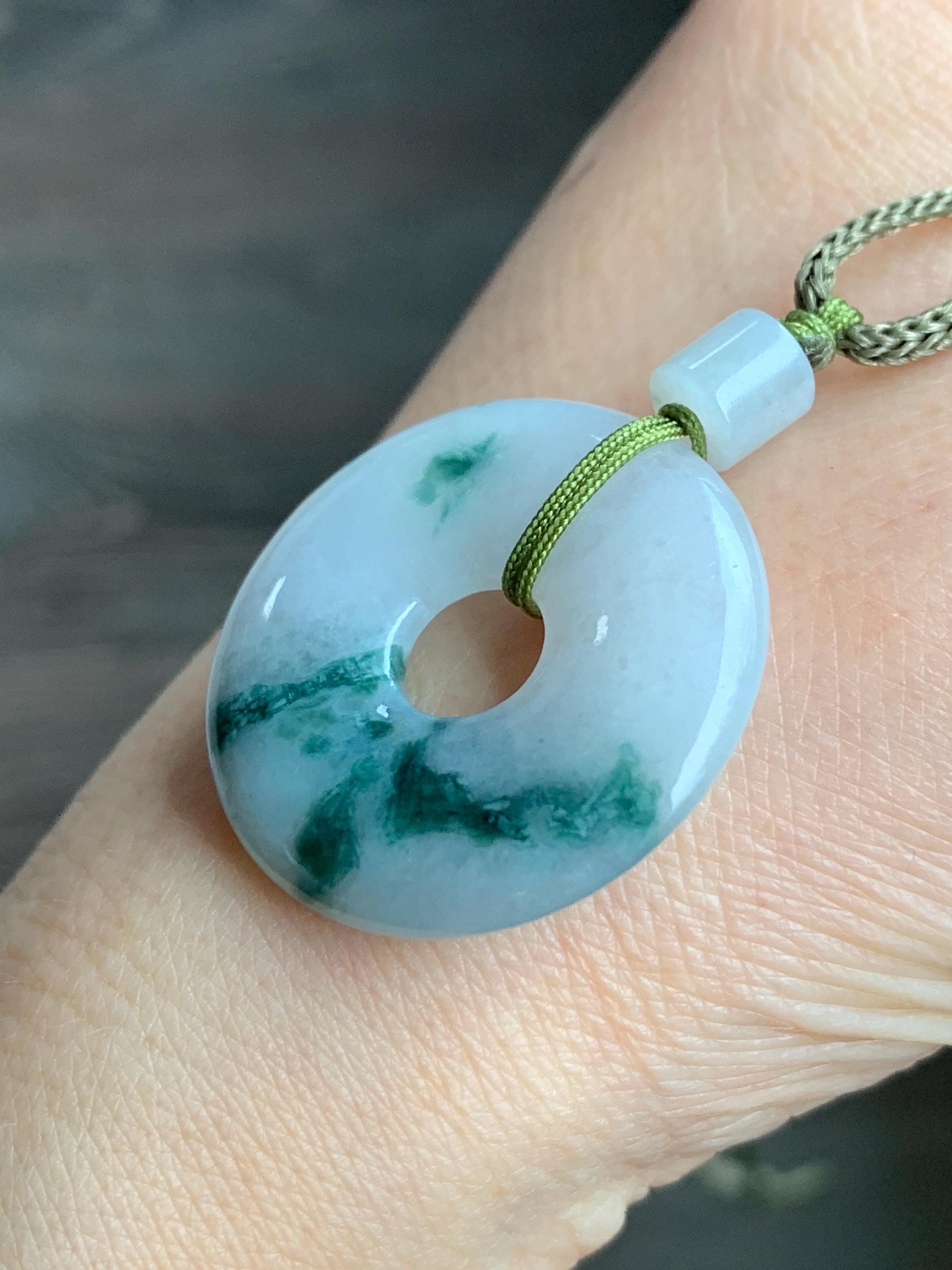 Natural Burmese Icy Translucent White & Dark Green Marbled Jadeite Ping An Kou Donut Pendant Rope Necklace 26” 天然缅甸冰飘花翡翠平安扣吊坠