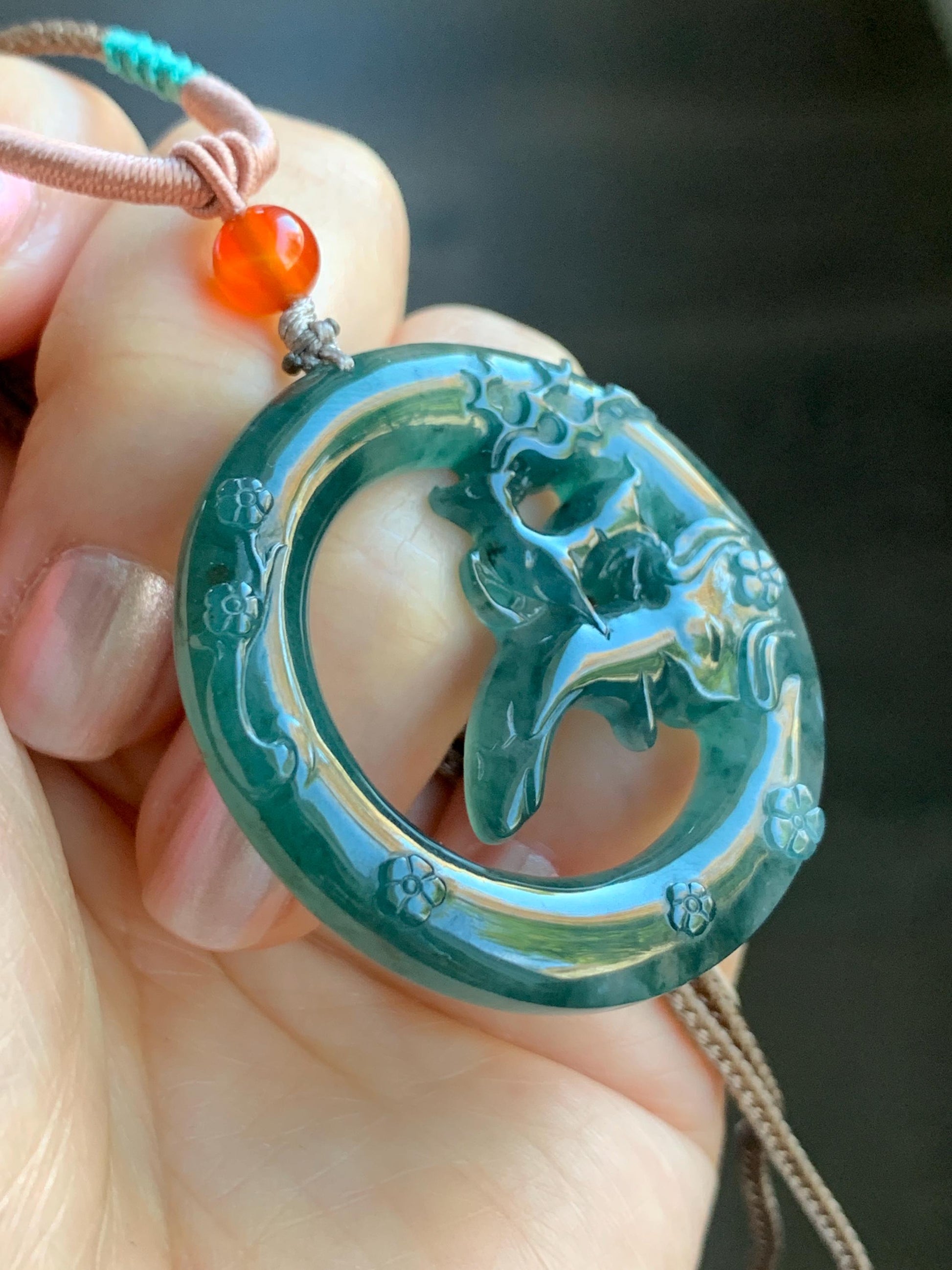Natural Guatemalan Icy Translucent Dark Teal Blue Jadeite Engraved Deer Pendant Rope Necklace Adjustable 26” 15g 天然危深蓝水飘花翡翠梅花鹿吊坠