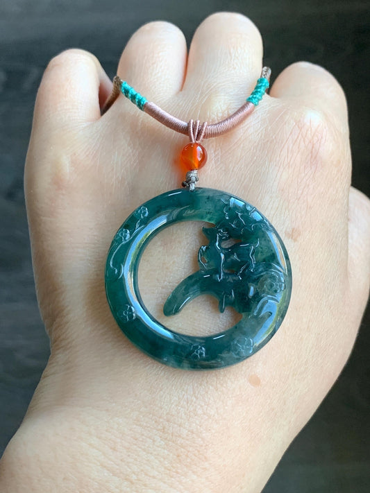 Natural Guatemalan Icy Translucent Dark Teal Blue Jadeite Engraved Deer Pendant Rope Necklace Adjustable 26” 15g 天然危深蓝水飘花翡翠梅花鹿吊坠