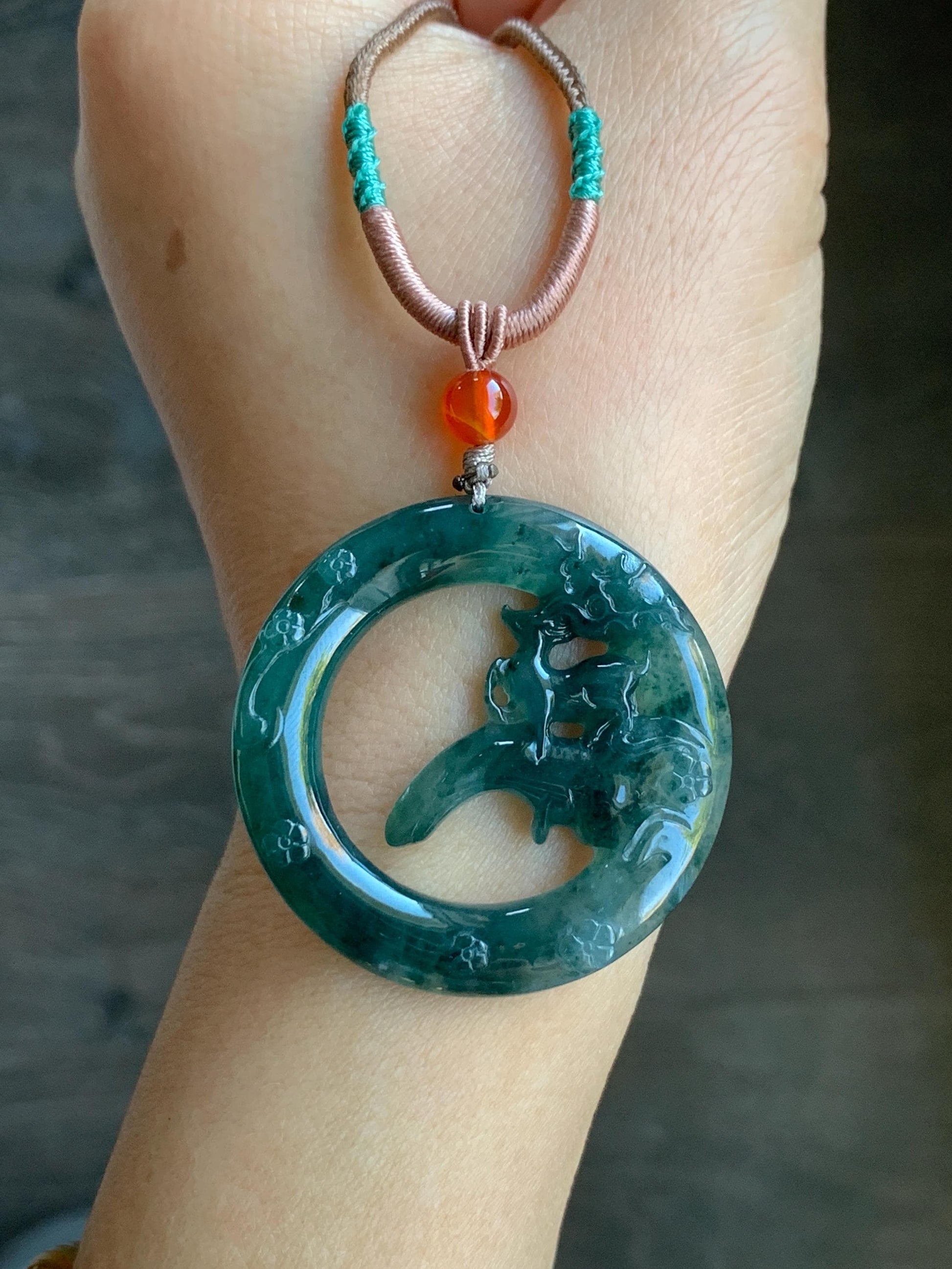 Natural Guatemalan Icy Translucent Dark Teal Blue Jadeite Engraved Deer Pendant Rope Necklace Adjustable 26” 15g 天然危深蓝水飘花翡翠梅花鹿吊坠