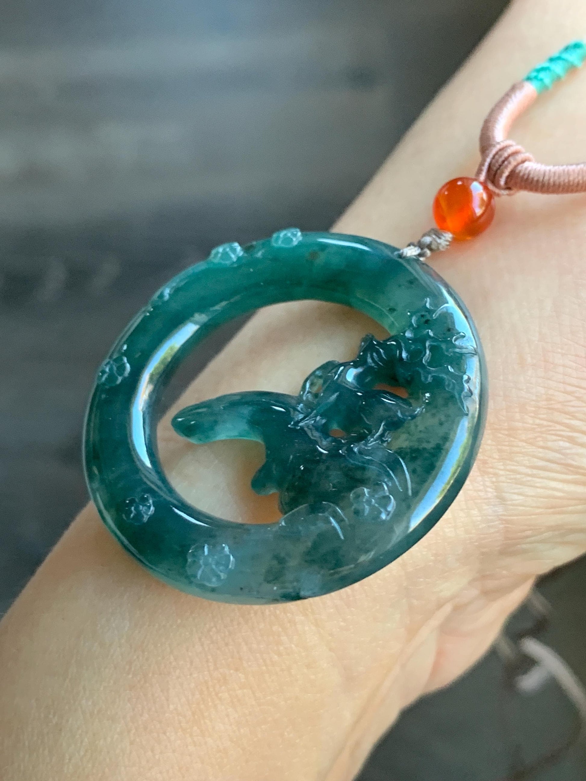 Natural Guatemalan Icy Translucent Dark Teal Blue Jadeite Engraved Deer Pendant Rope Necklace Adjustable 26” 15g 天然危深蓝水飘花翡翠梅花鹿吊坠