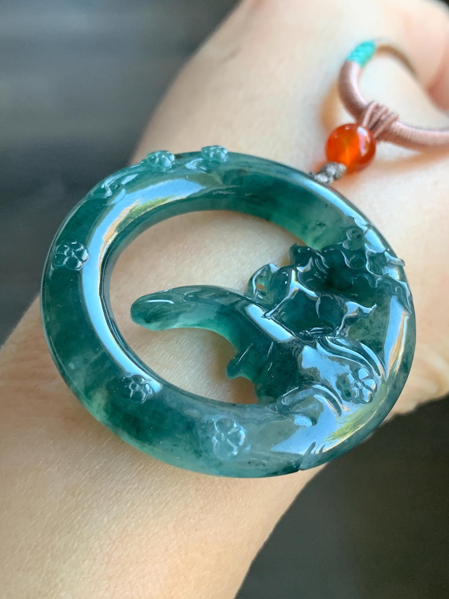 Natural Guatemalan Icy Translucent Dark Teal Blue Jadeite Engraved Deer Pendant Rope Necklace Adjustable 26” 15g 天然危深蓝水飘花翡翠梅花鹿吊坠