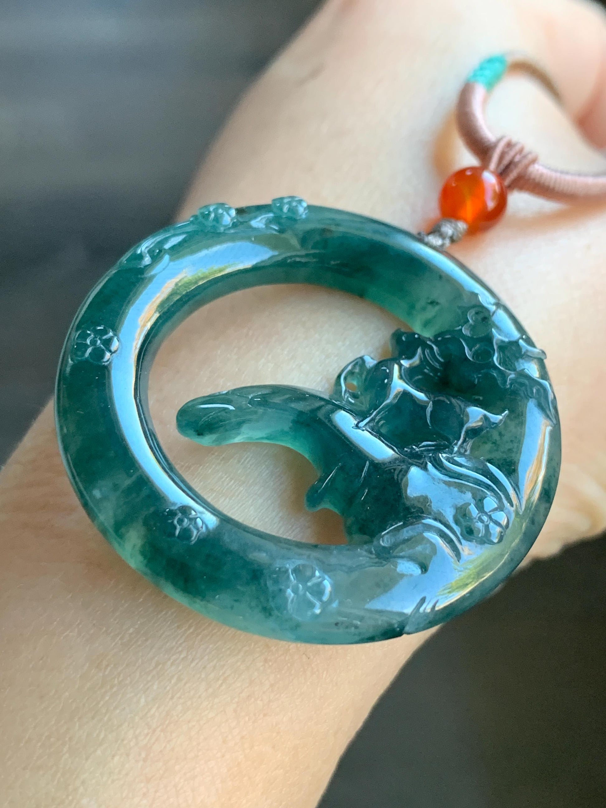 Natural Guatemalan Icy Translucent Dark Teal Blue Jadeite Engraved Deer Pendant Rope Necklace Adjustable 26” 15g 天然危深蓝水飘花翡翠梅花鹿吊坠