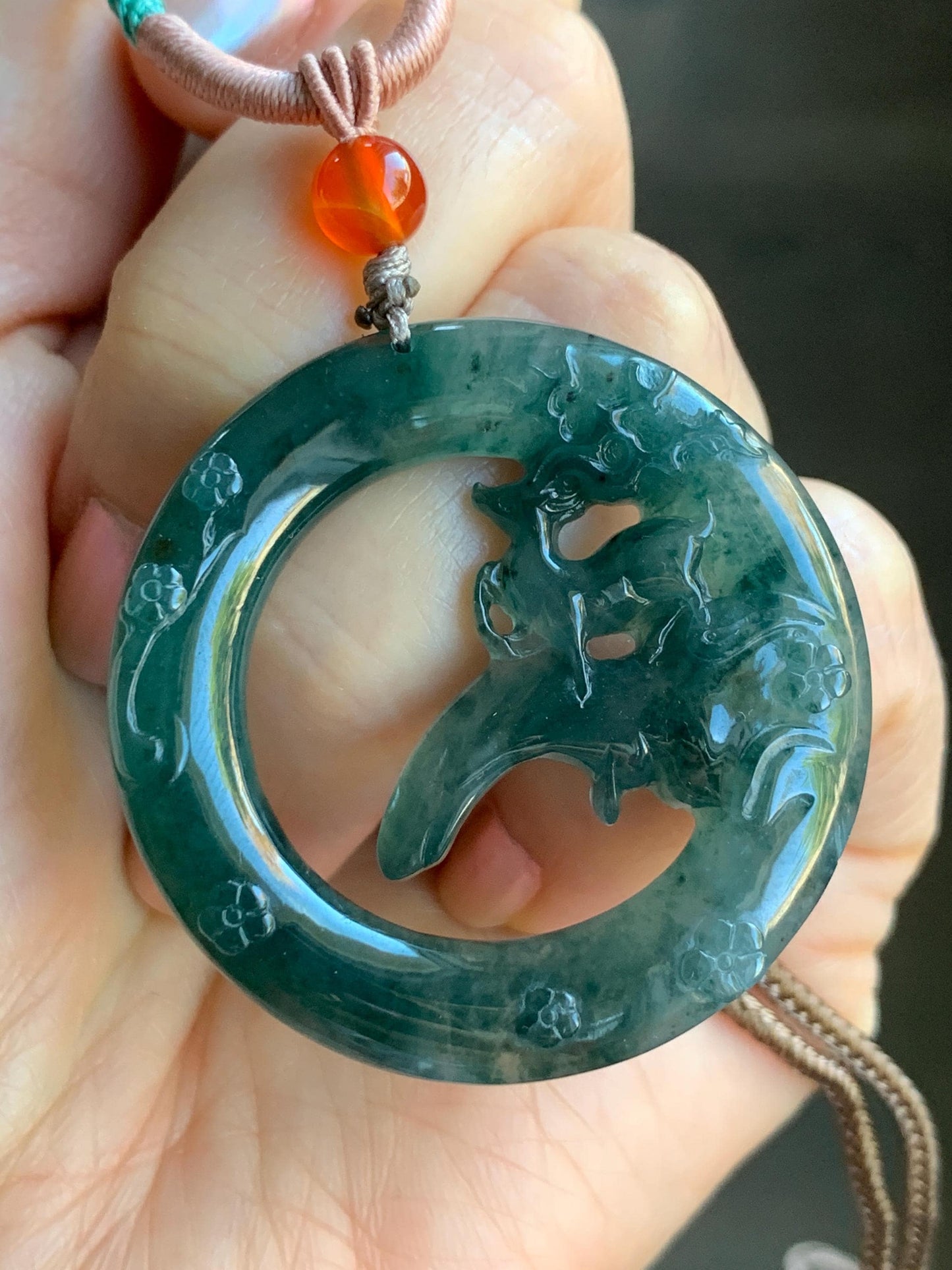 Natural Guatemalan Icy Translucent Dark Teal Blue Jadeite Engraved Deer Pendant Rope Necklace Adjustable 26” 15g 天然危深蓝水飘花翡翠梅花鹿吊坠