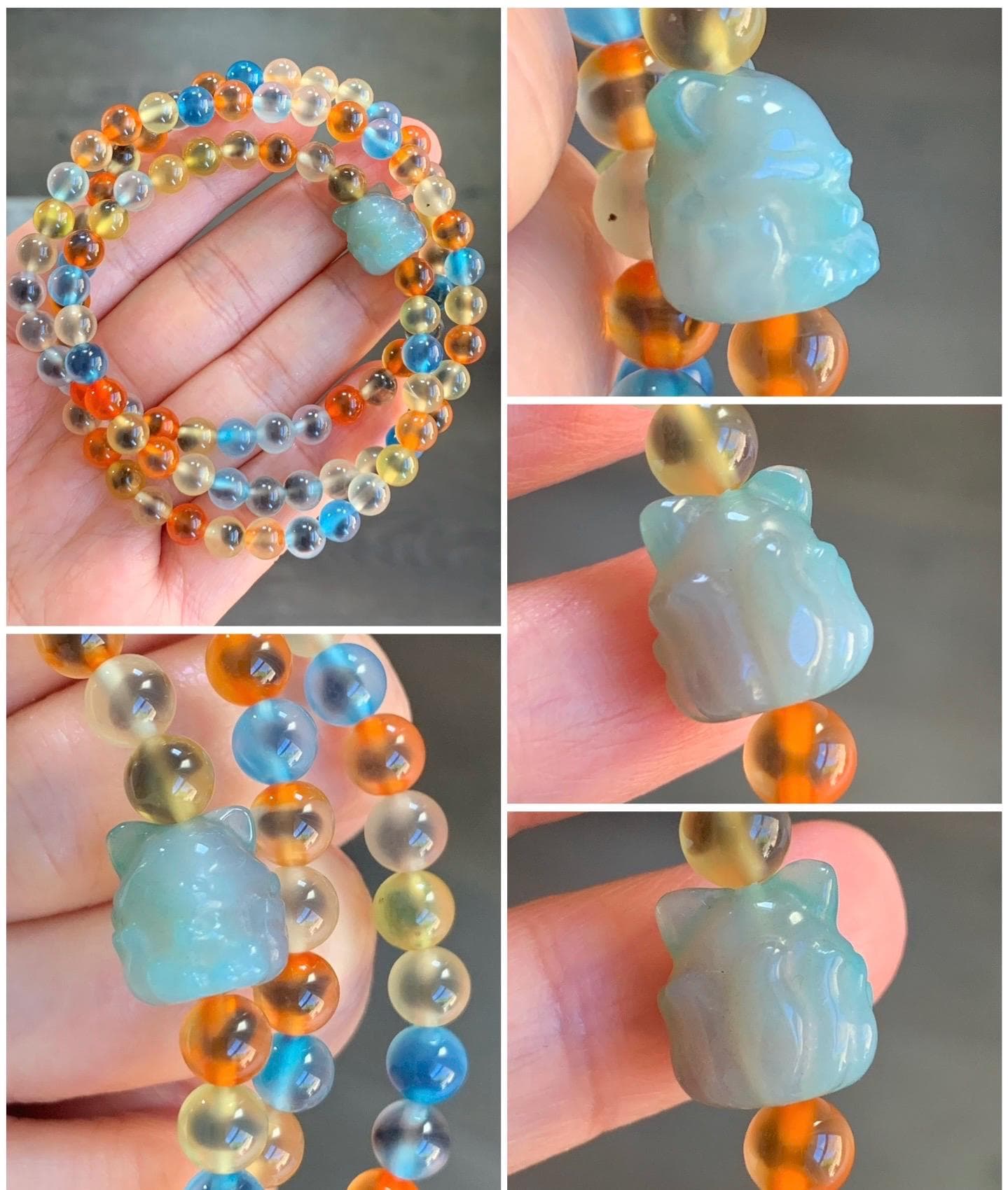 Certified Natural Multicolored Sugar Heart Candy Agate Beads Nine-Tailed Fox Agate Charm Layered Beaded Bracelet 5.8mm 22” 天然多宝糖心玛瑙圆珠九尾狐手串