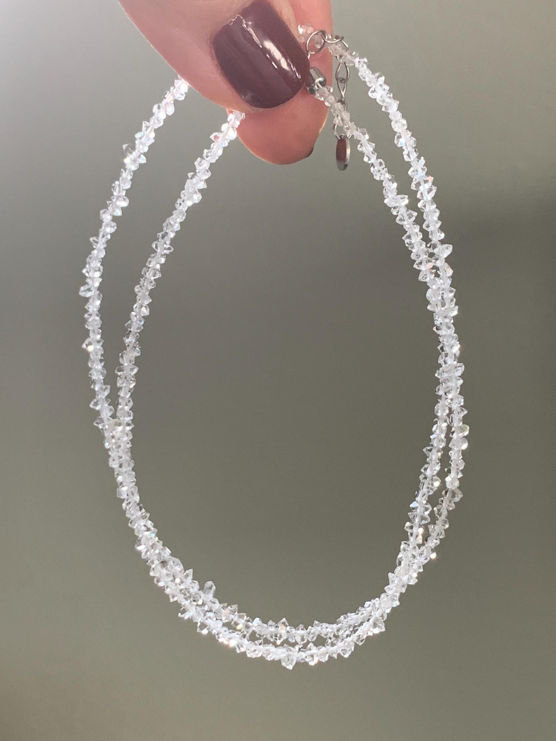 Certified Natural White Quartz Chips Beaded Necklace Sterling Silver Clasp 2.6mm 16.5”-17.25” 3.16g 天然白水晶碎碎项链