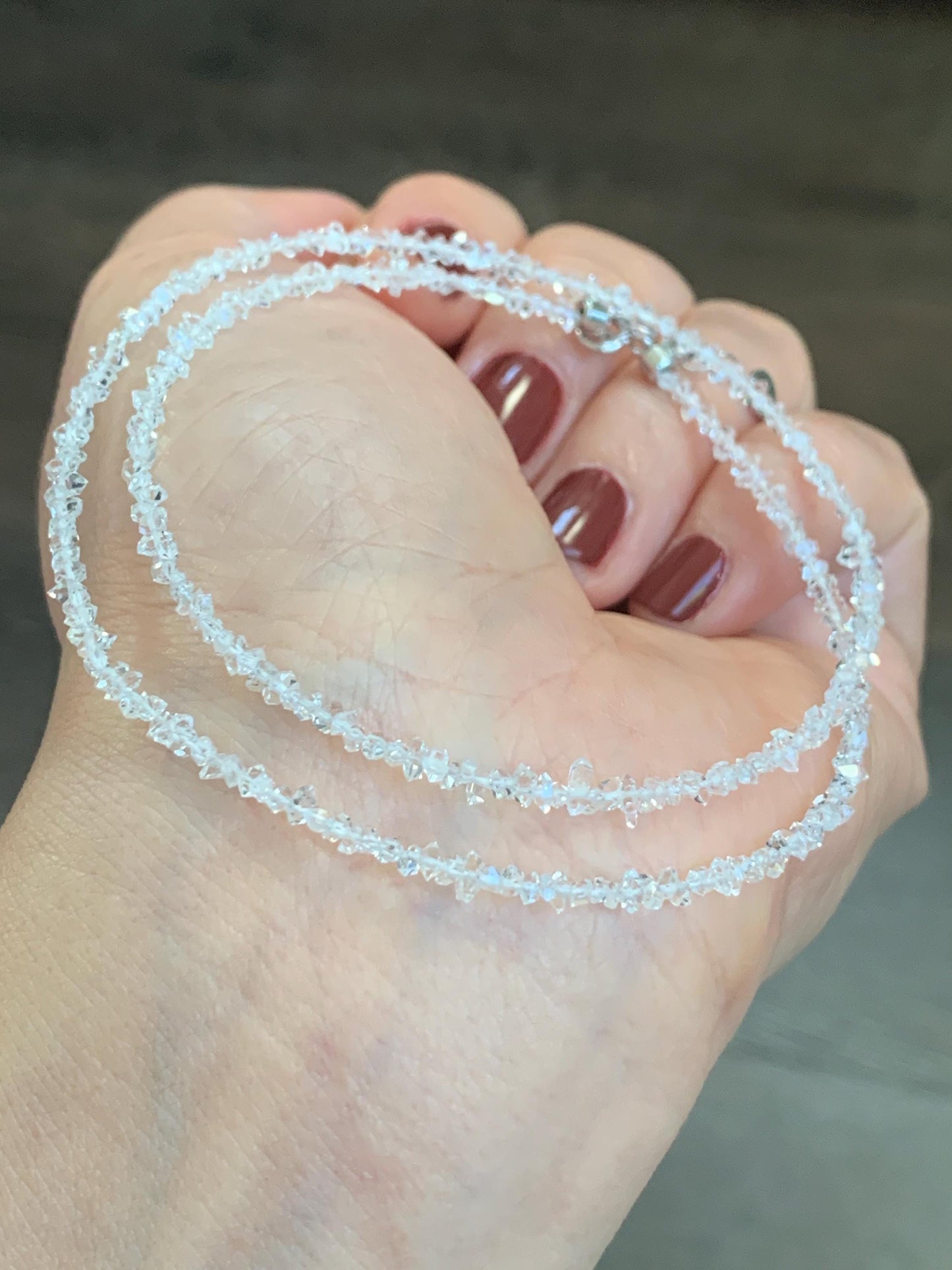 Certified Natural White Quartz Chips Beaded Necklace Sterling Silver Clasp 2.6mm 16.5”-17.25” 3.16g 天然白水晶碎碎项链