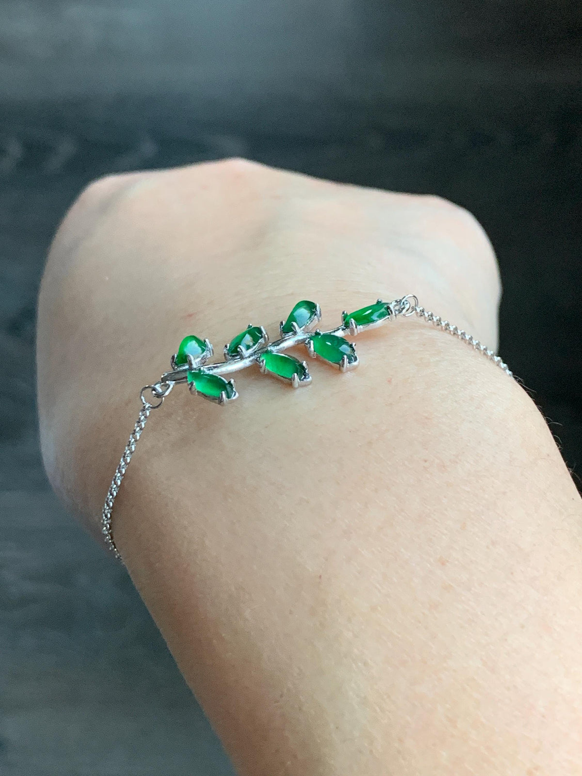 Certified Natural Guatemalan Icy Vibrant Green Horse Eye Jadeite Tree Branch Chain Bracelet Sterling Silver 6”-7.75” 2.48g 天然冰危绿翡翠银镶手链 7795