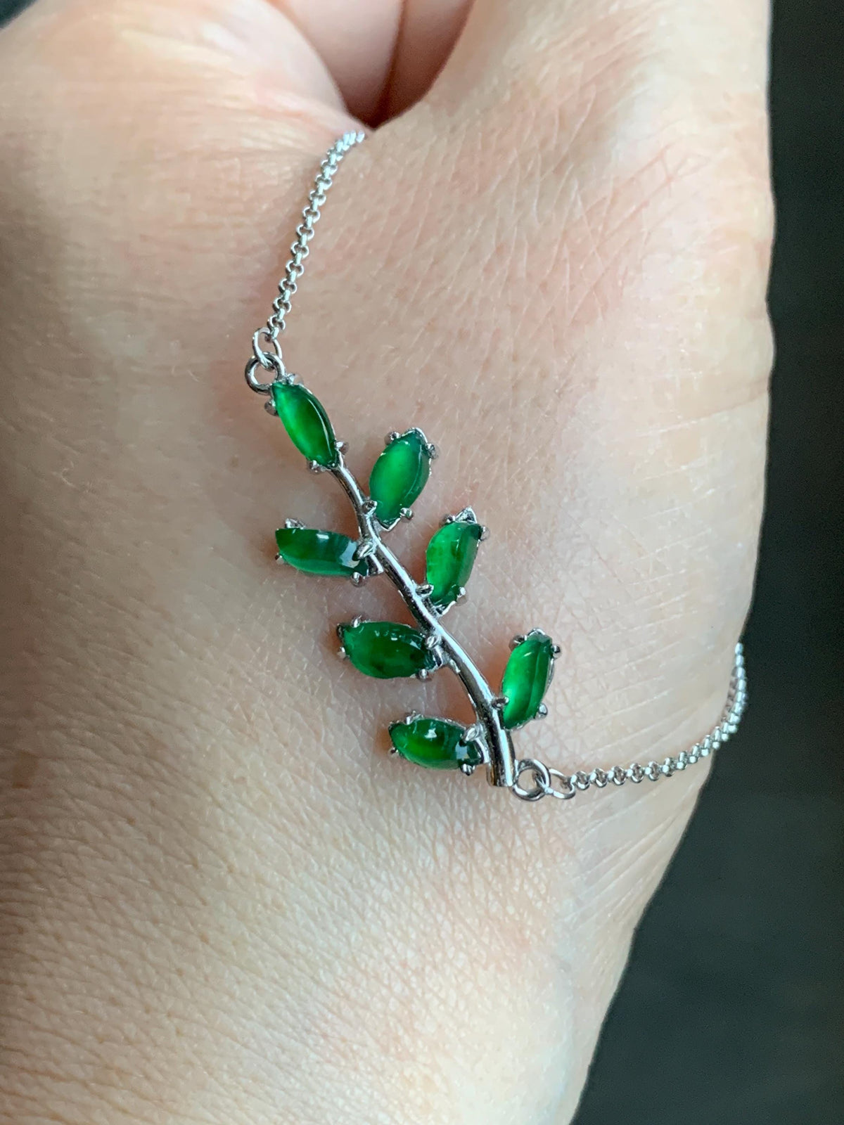 Certified Natural Guatemalan Icy Vibrant Green Horse Eye Jadeite Tree Branch Chain Bracelet Sterling Silver 6”-7.75” 2.48g 天然冰危绿翡翠银镶手链 7795