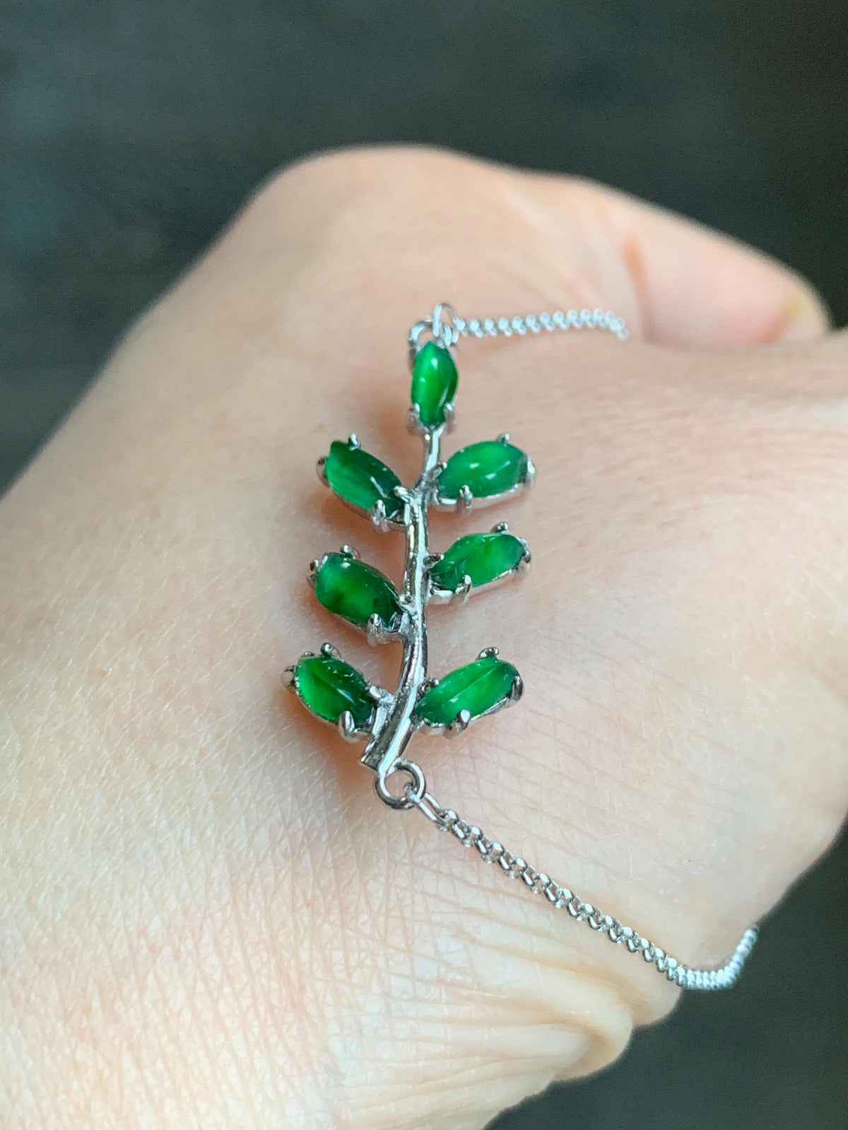 Certified Natural Guatemalan Icy Vibrant Green Horse Eye Jadeite Tree Branch Chain Bracelet Sterling Silver 6”-7.75” 2.48g 天然冰危绿翡翠银镶手链 7795