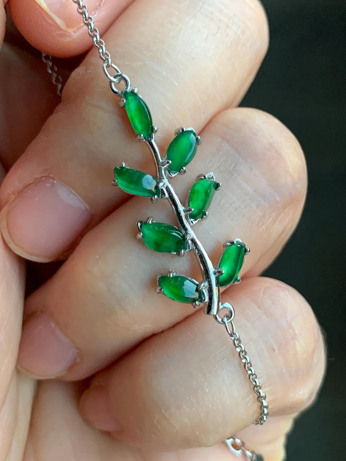 Certified Natural Guatemalan Icy Vibrant Green Horse Eye Jadeite Tree Branch Chain Bracelet Sterling Silver 6”-7.75” 2.48g 天然冰危绿翡翠银镶手链 7795