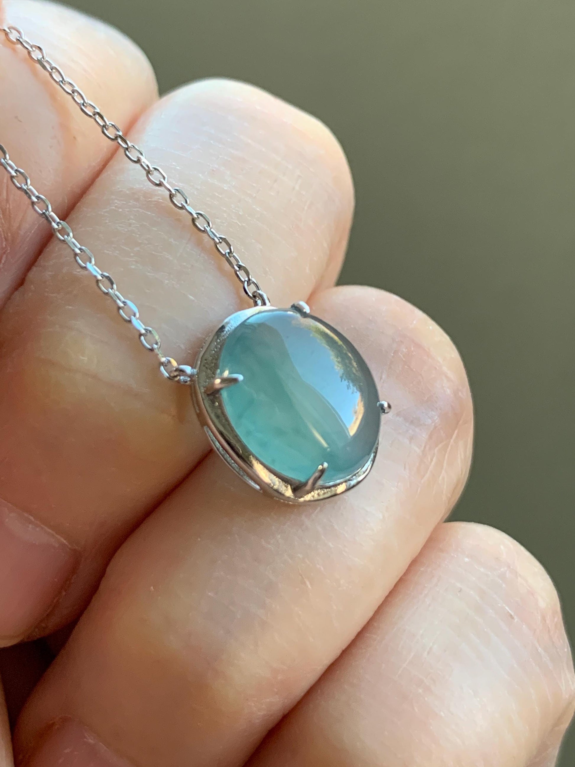 Natural Guatemalan Grade A Icy Translucent Dusty Blue Oval Jadeite Pendant Chain Necklace S925 Sterling Silver 15.5”-17” 3g 天然冰危蓝翡翠银镶吊坠套链
