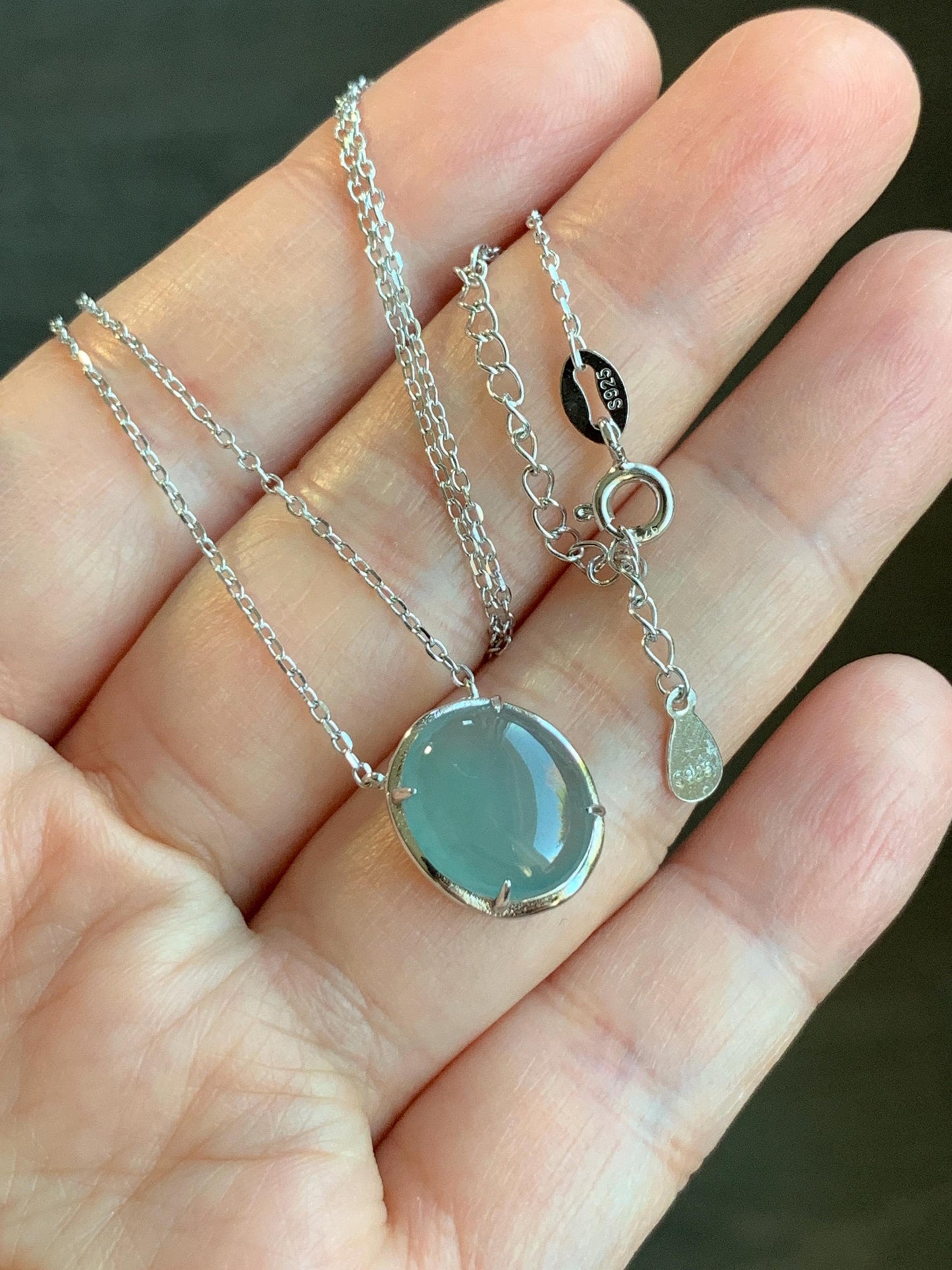 Natural Guatemalan Grade A Icy Translucent Dusty Blue Oval Jadeite Pendant Chain Necklace S925 Sterling Silver 15.5”-17” 3g 天然冰危蓝翡翠银镶吊坠套链
