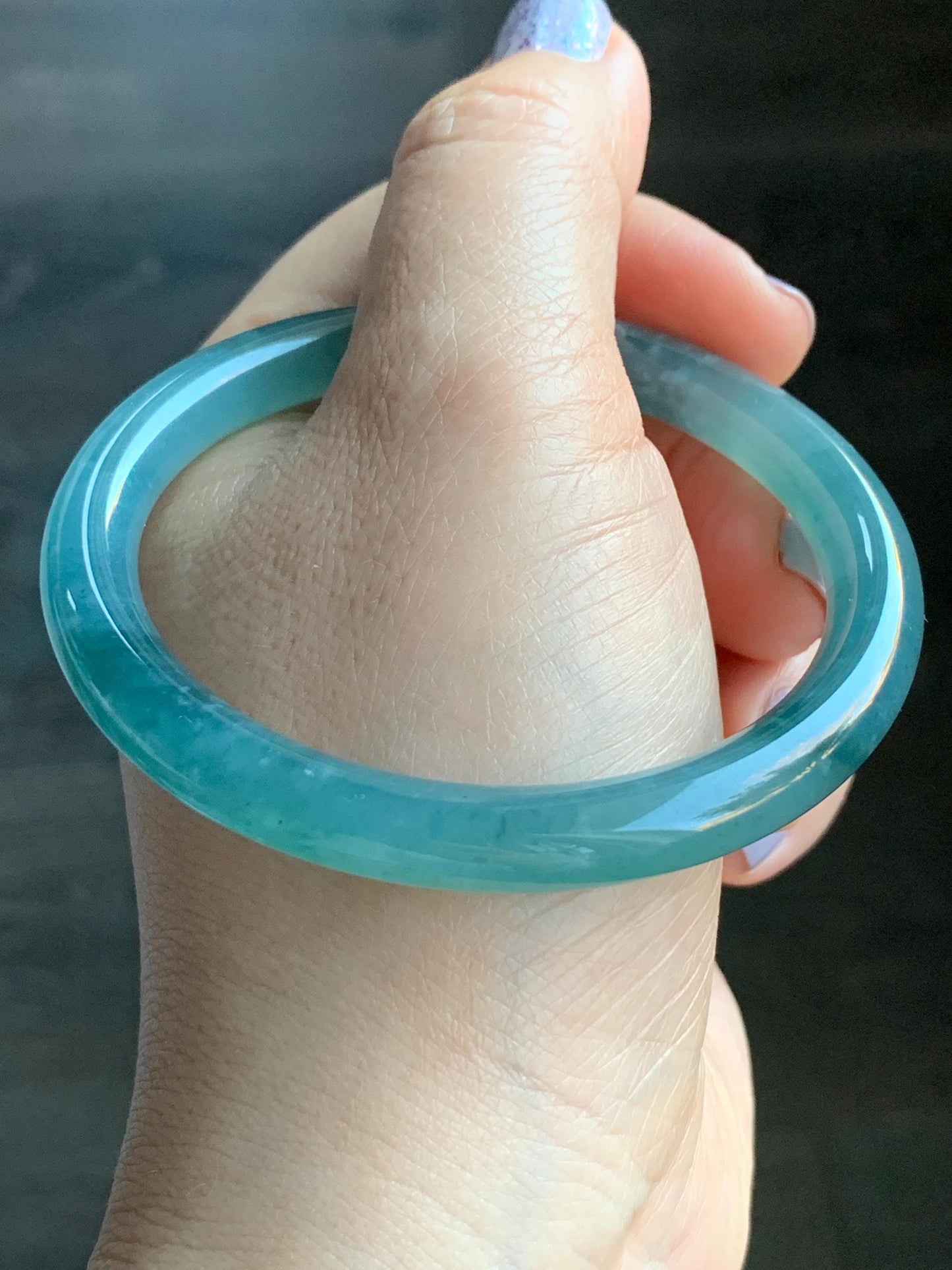 Certified Natural Guatemalan Icy Highly Translucent Dusty Teal Blue Jadeite Rounded Bangle Bracelet 55.6mm 7.6x7.7mm 天然老种冰胶危蓝翡翠圆条手镯 7805