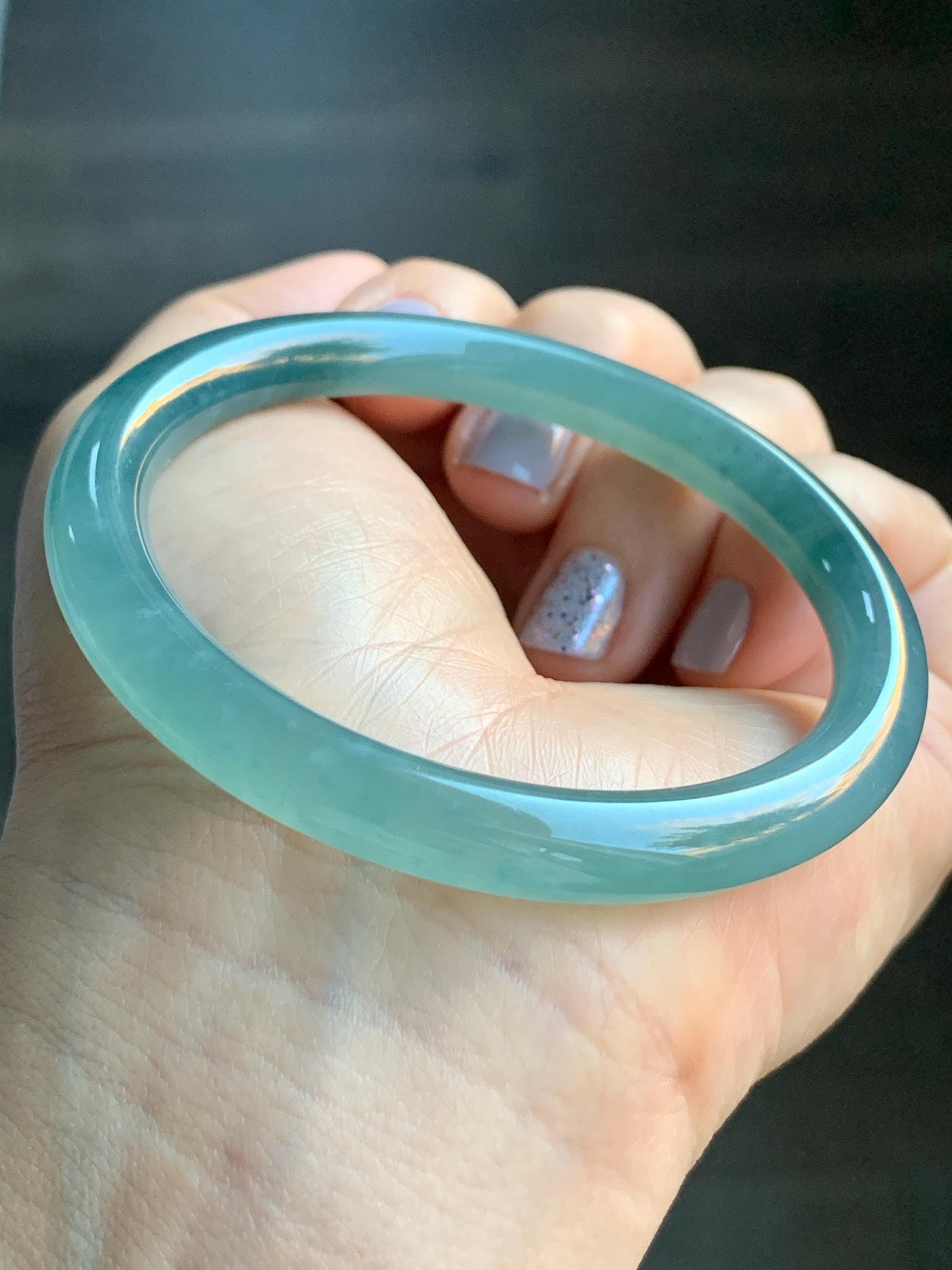 Certified Natural Guatemalan Icy Highly Translucent Dusty Teal Blue Jadeite Rounded Bangle Bracelet 55.6mm 7.6x7.7mm 天然老种冰胶危蓝翡翠圆条手镯 7805