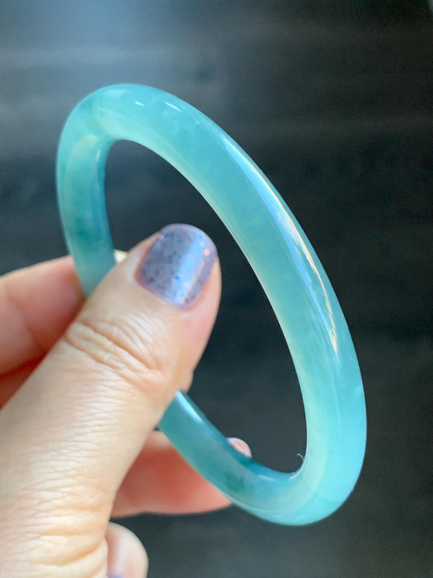 Certified Natural Guatemalan Icy Highly Translucent Dusty Teal Blue Jadeite Rounded Bangle Bracelet 55.6mm 7.6x7.7mm 天然老种冰胶危蓝翡翠圆条手镯 7805