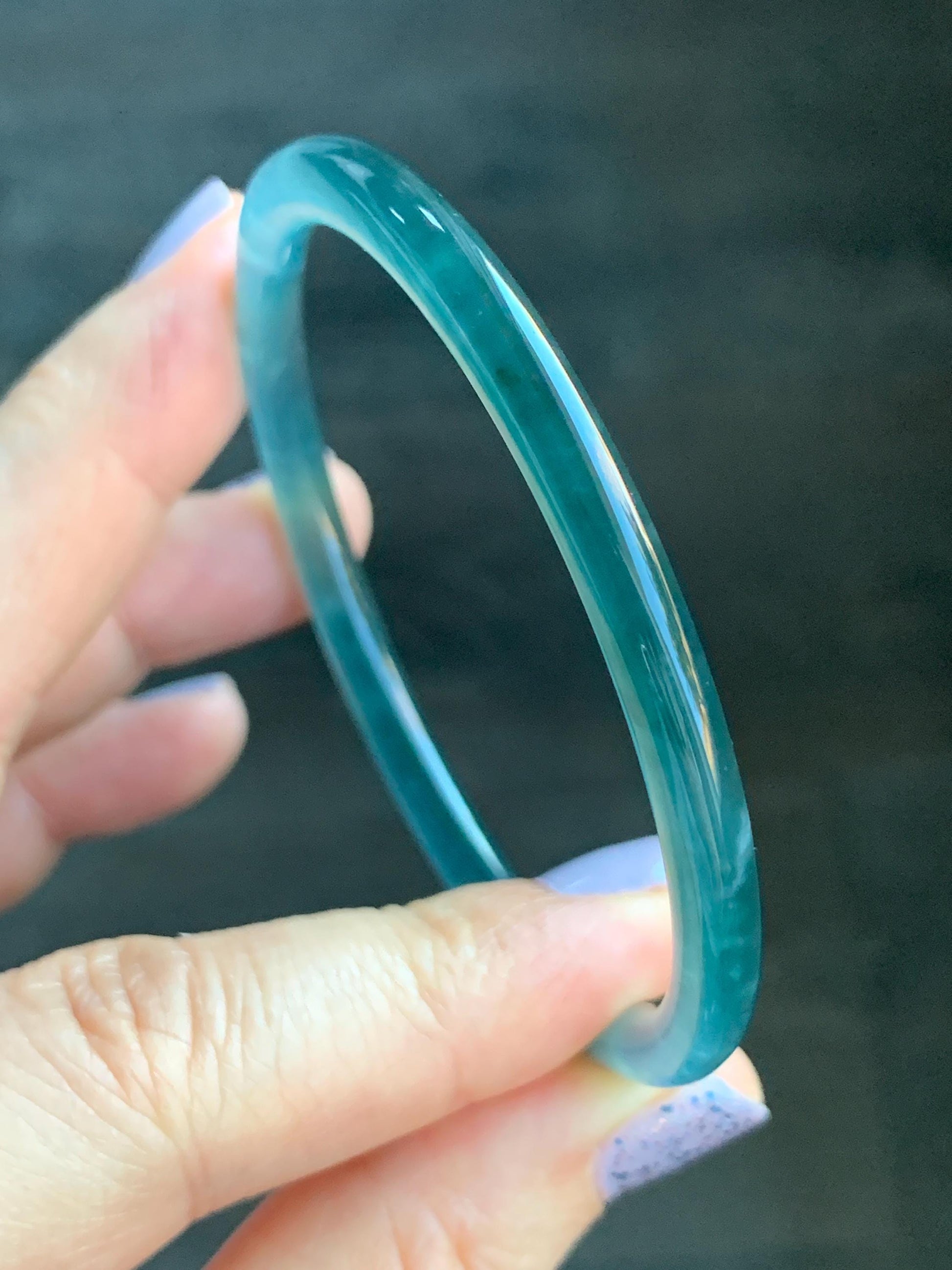 Certified Natural Guatemalan Icy Highly Translucent Dark Teal Blue Jadeite Slim Bangle Bracelet 57.7mm 5.1x5.4mm 15.18g 天然老种冰胶危深蓝翡翠细条手镯 7804