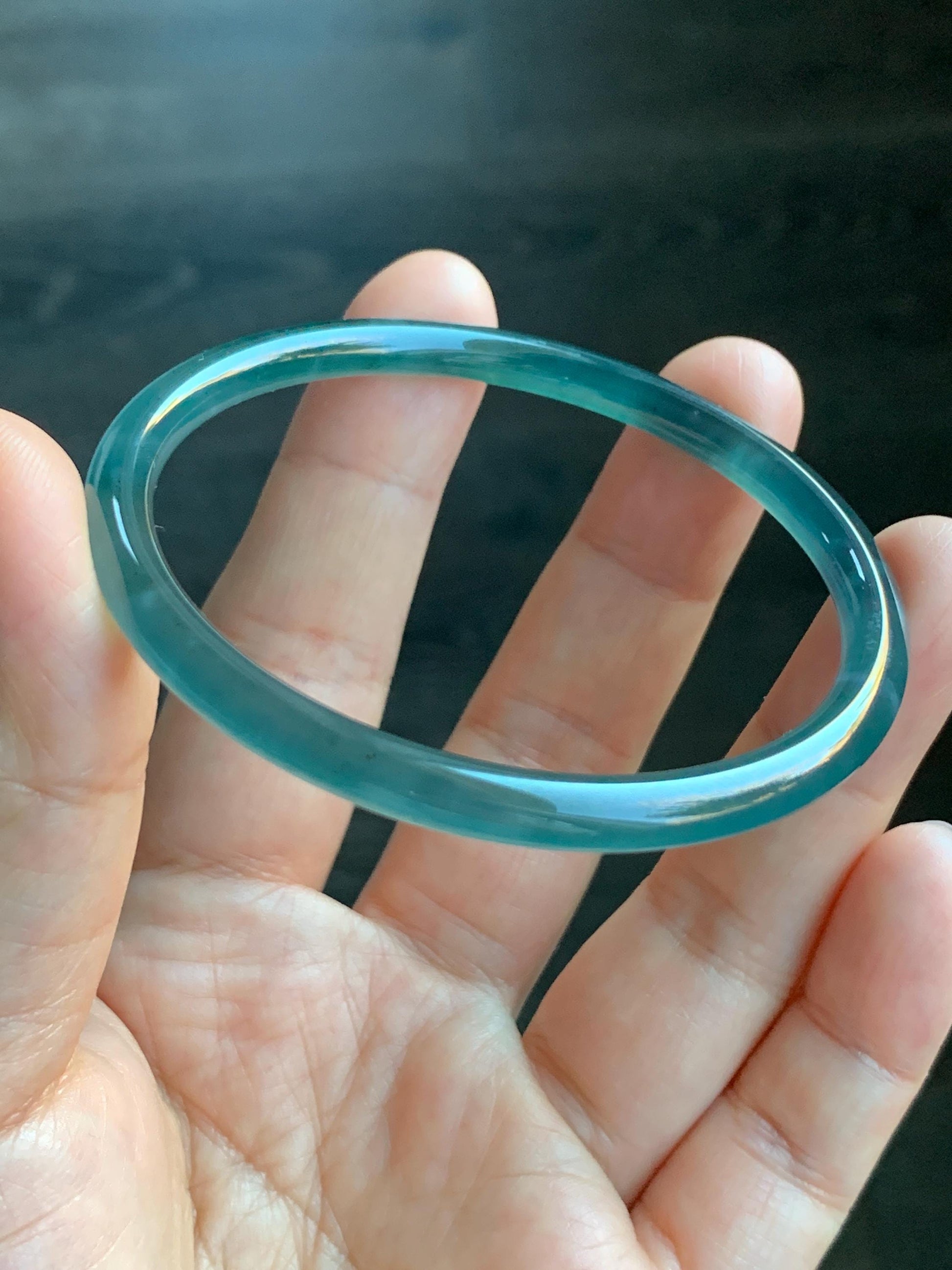 Certified Natural Guatemalan Icy Highly Translucent Dark Teal Blue Jadeite Slim Bangle Bracelet 57.7mm 5.1x5.4mm 15.18g 天然老种冰胶危深蓝翡翠细条手镯 7804
