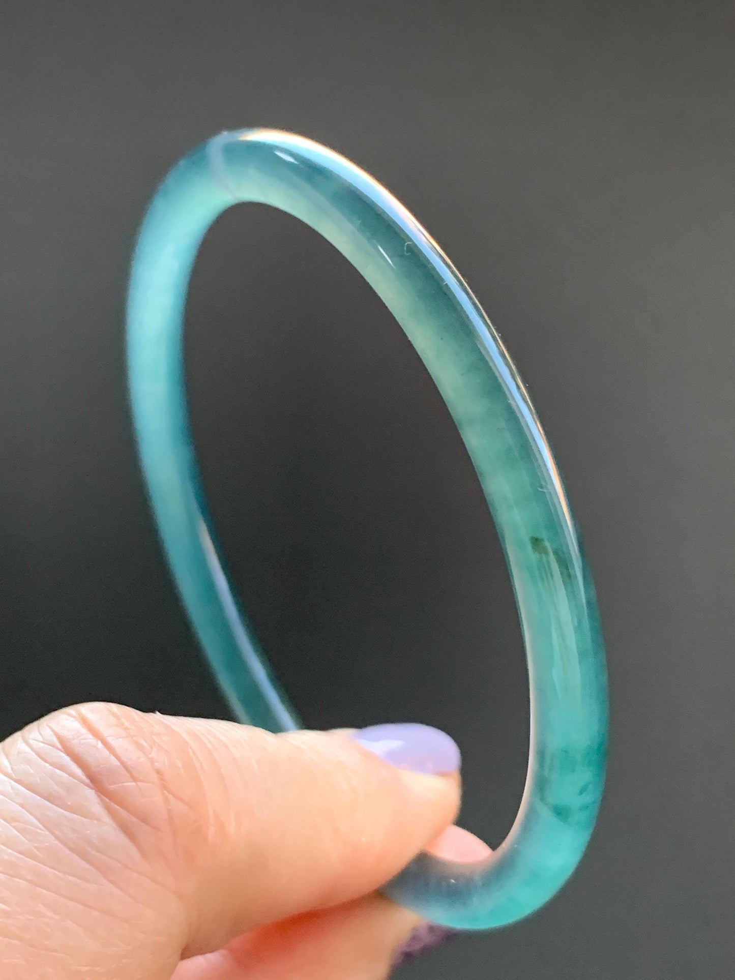 Certified Natural Guatemalan Icy Highly Translucent Dark Teal Blue Jadeite Slim Bangle Bracelet 57.7mm 5.1x5.4mm 15.18g 天然老种冰胶危深蓝翡翠细条手镯 7804
