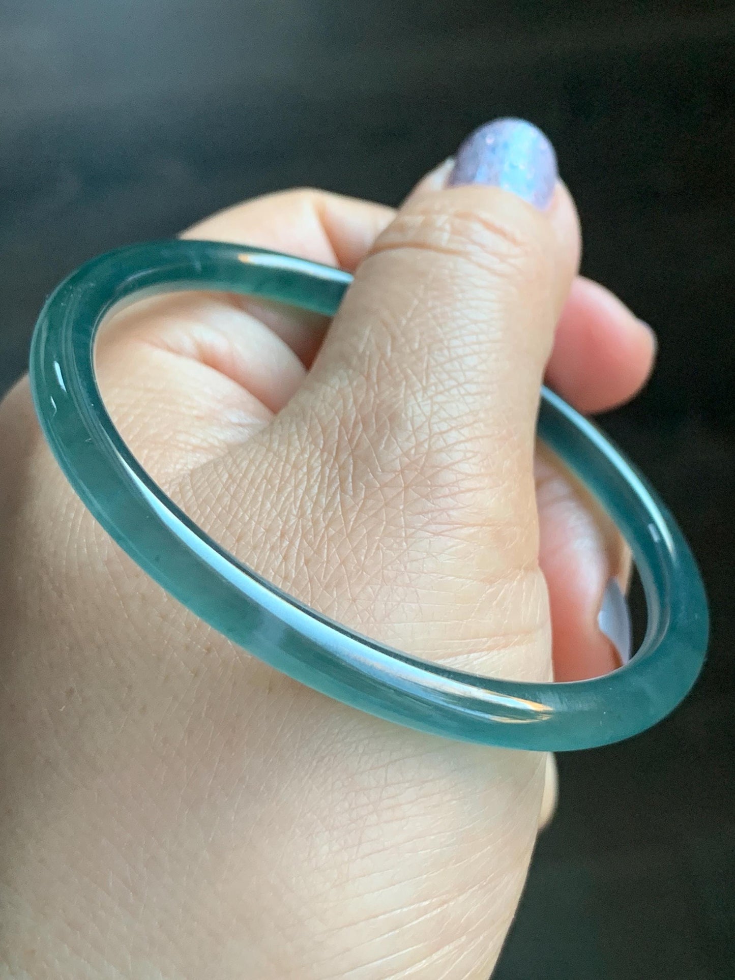 Certified Natural Guatemalan Icy Highly Translucent Dark Teal Blue Jadeite Slim Bangle Bracelet 57.7mm 5.1x5.4mm 15.18g 天然老种冰胶危深蓝翡翠细条手镯 7804