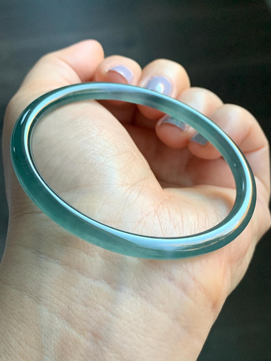 Certified Natural Guatemalan Icy Highly Translucent Dark Teal Blue Jadeite Slim Bangle Bracelet 57.7mm 5.1x5.4mm 15.18g 天然老种冰胶危深蓝翡翠细条手镯 7804