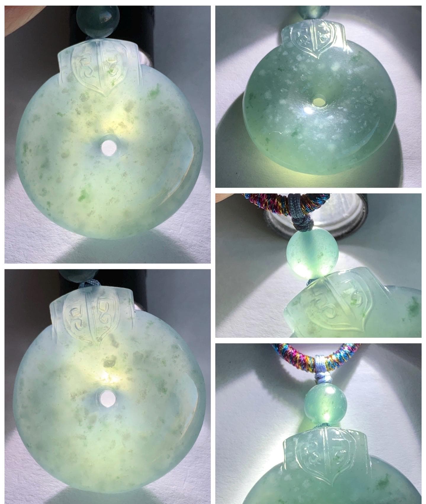 Natural Guatemalan Icy Highly Translucent Dark Teal Blue Jadeite Retro Style Ping An Kou Donut Pendant Rope Necklace 28” 16g 天然老种冰危蓝翡翠平安扣吊坠