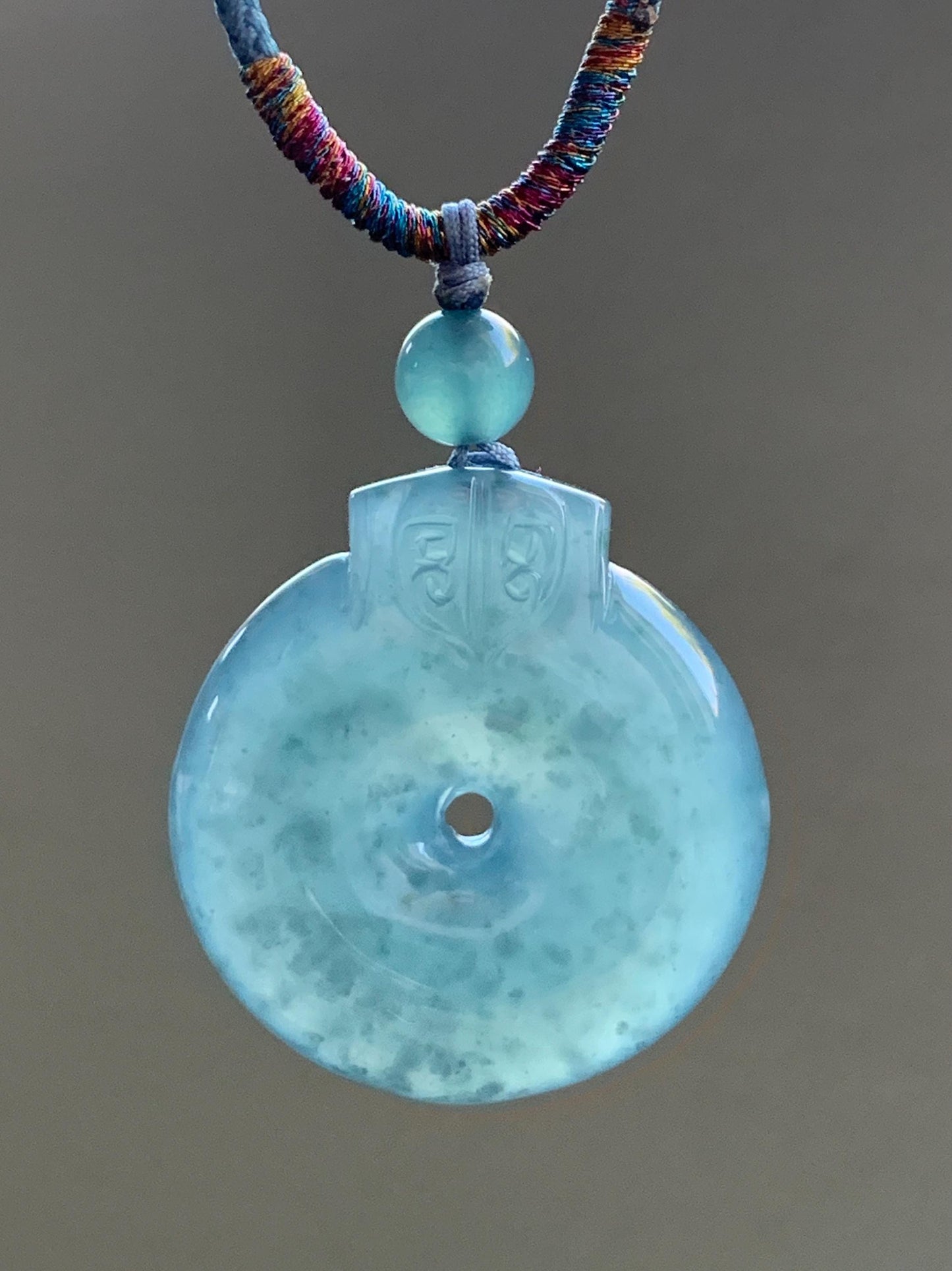 Natural Guatemalan Icy Highly Translucent Dark Teal Blue Jadeite Retro Style Ping An Kou Donut Pendant Rope Necklace 28” 16g 天然老种冰危蓝翡翠平安扣吊坠