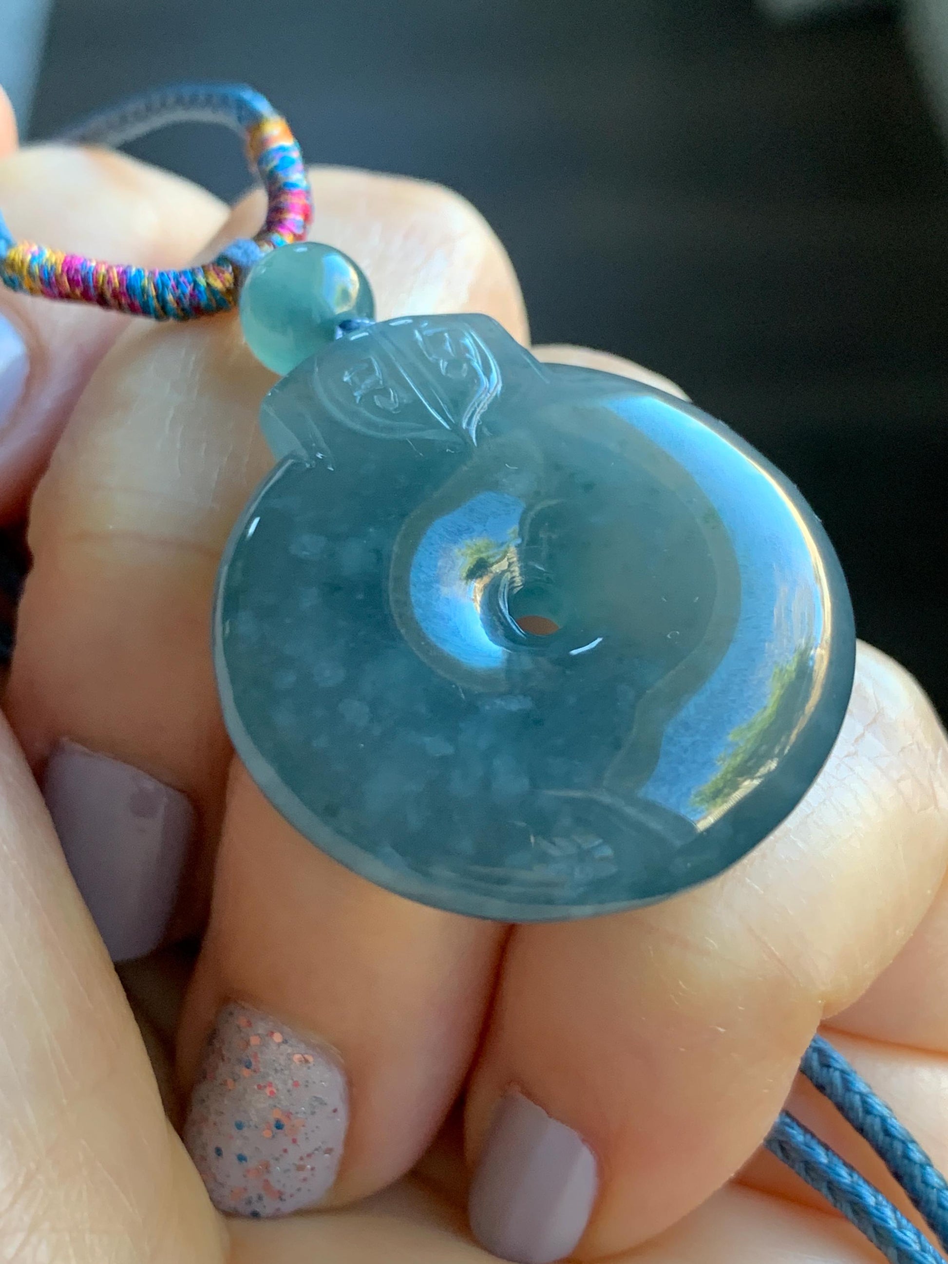 Natural Guatemalan Icy Highly Translucent Dark Teal Blue Jadeite Retro Style Ping An Kou Donut Pendant Rope Necklace 28” 16g 天然老种冰危蓝翡翠平安扣吊坠